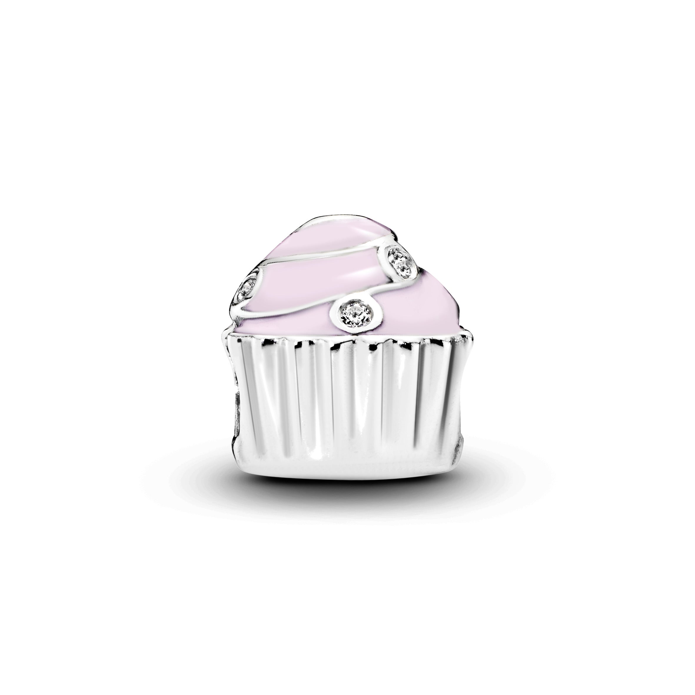 Cupcake silver charm with clear cubic zirconia and pink enamel