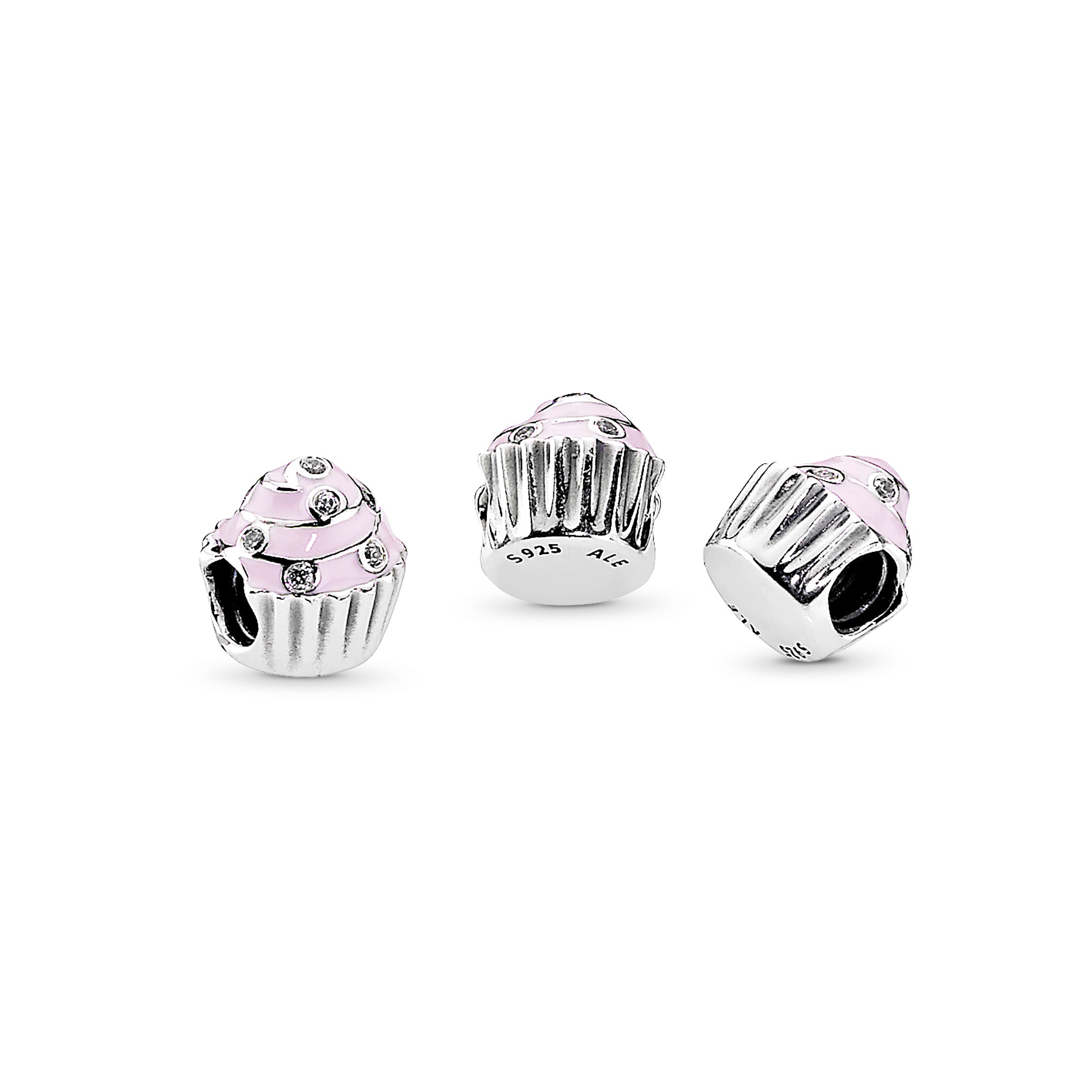 Cupcake silver charm with clear cubic zirconia and pink enamel