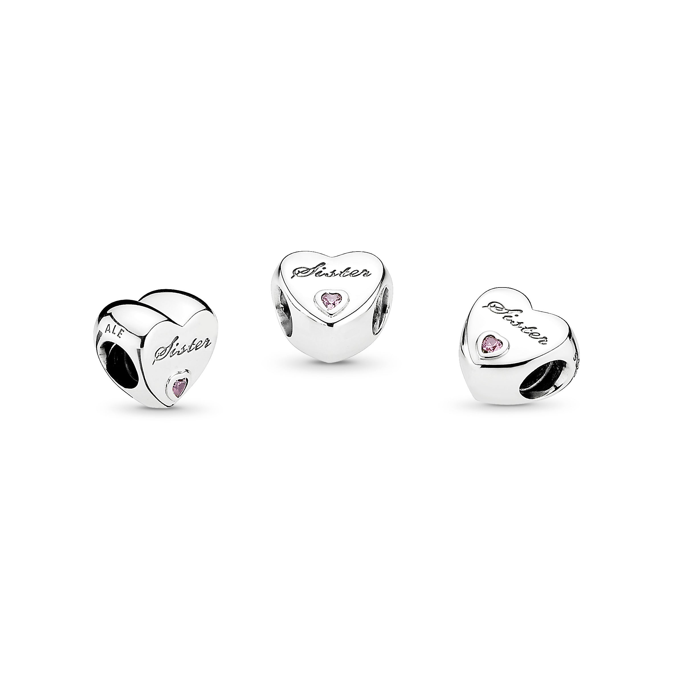 Sister heart silver charm with pink cubic zirconia