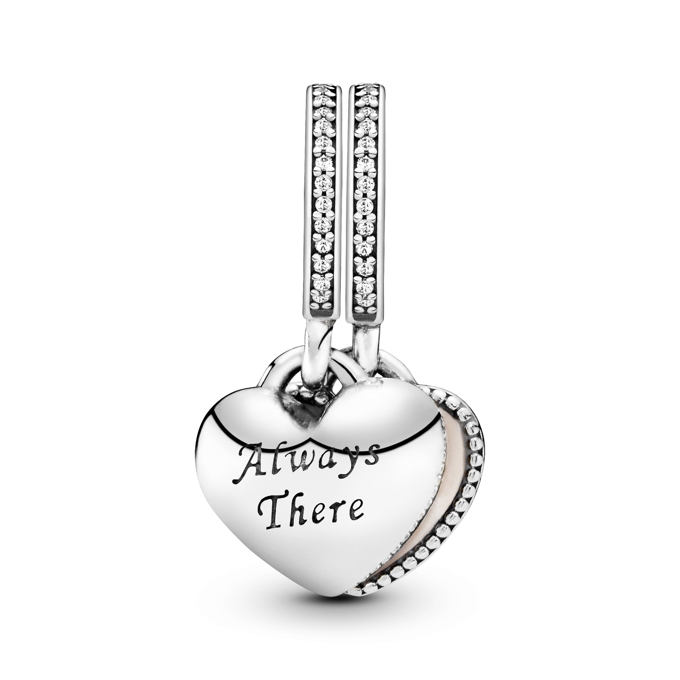 Double heart silver dangle with pink enamel and clear cubic zirconia