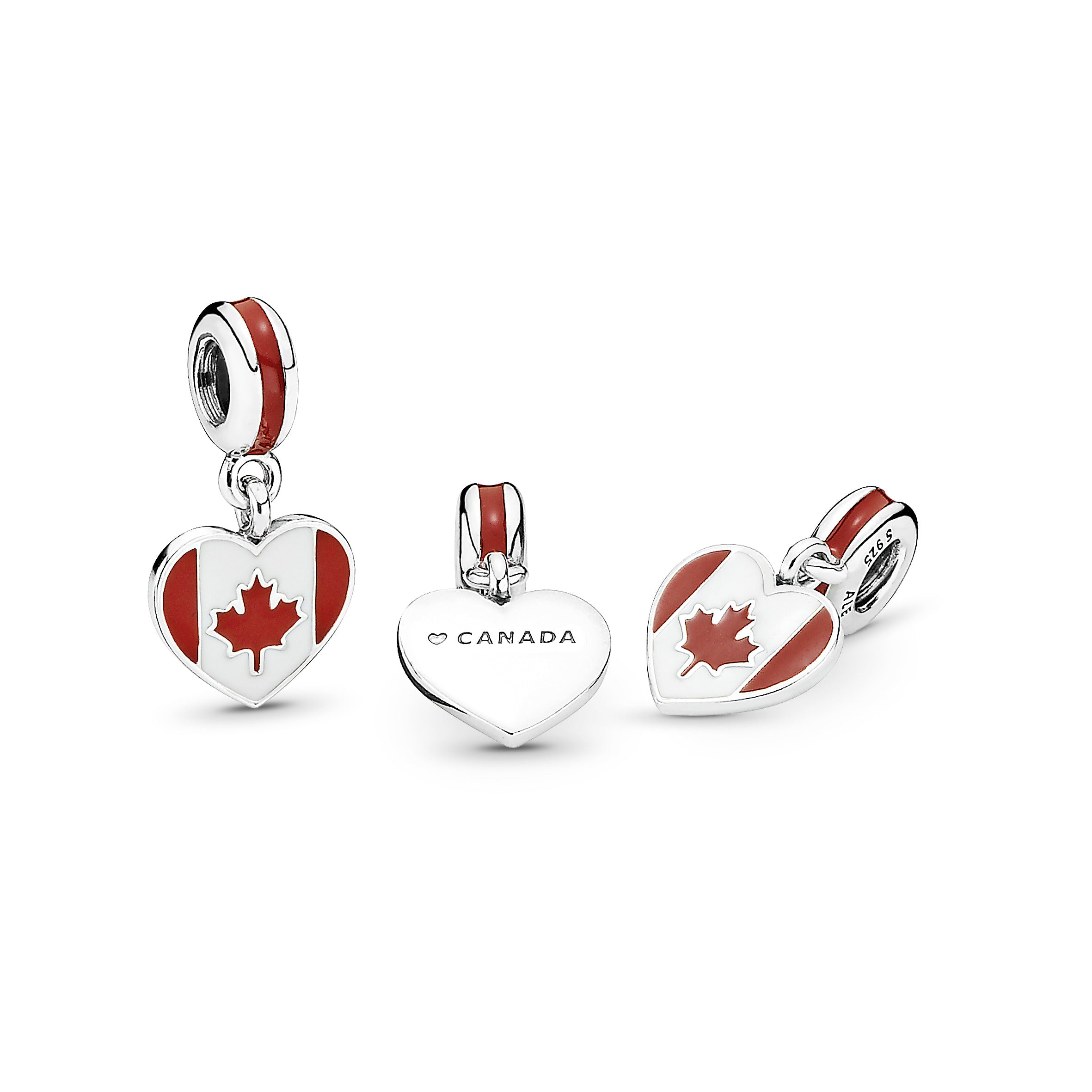 Canada heart flag silver dangle with red and white enamel