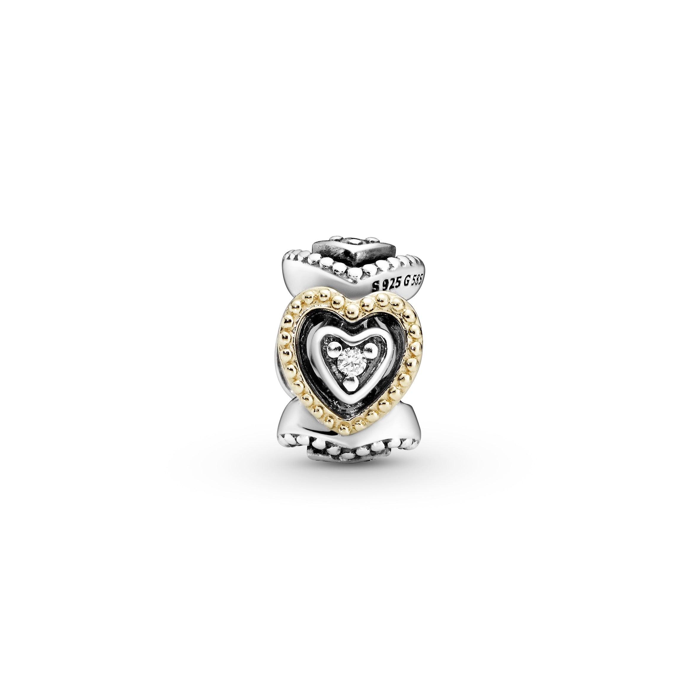 Heart silver spacer with 14k and clear cubic zirconia