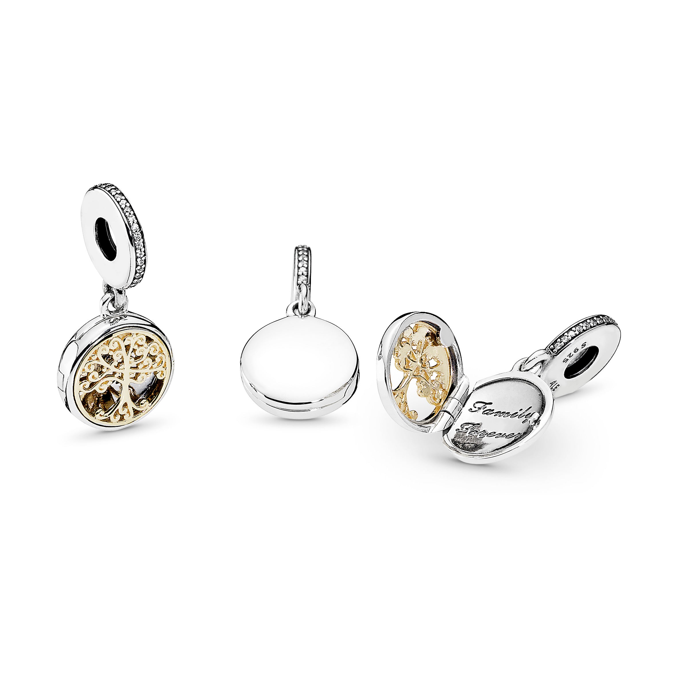 Family tree openable silver dangle with 14k and clear cubic zirconia