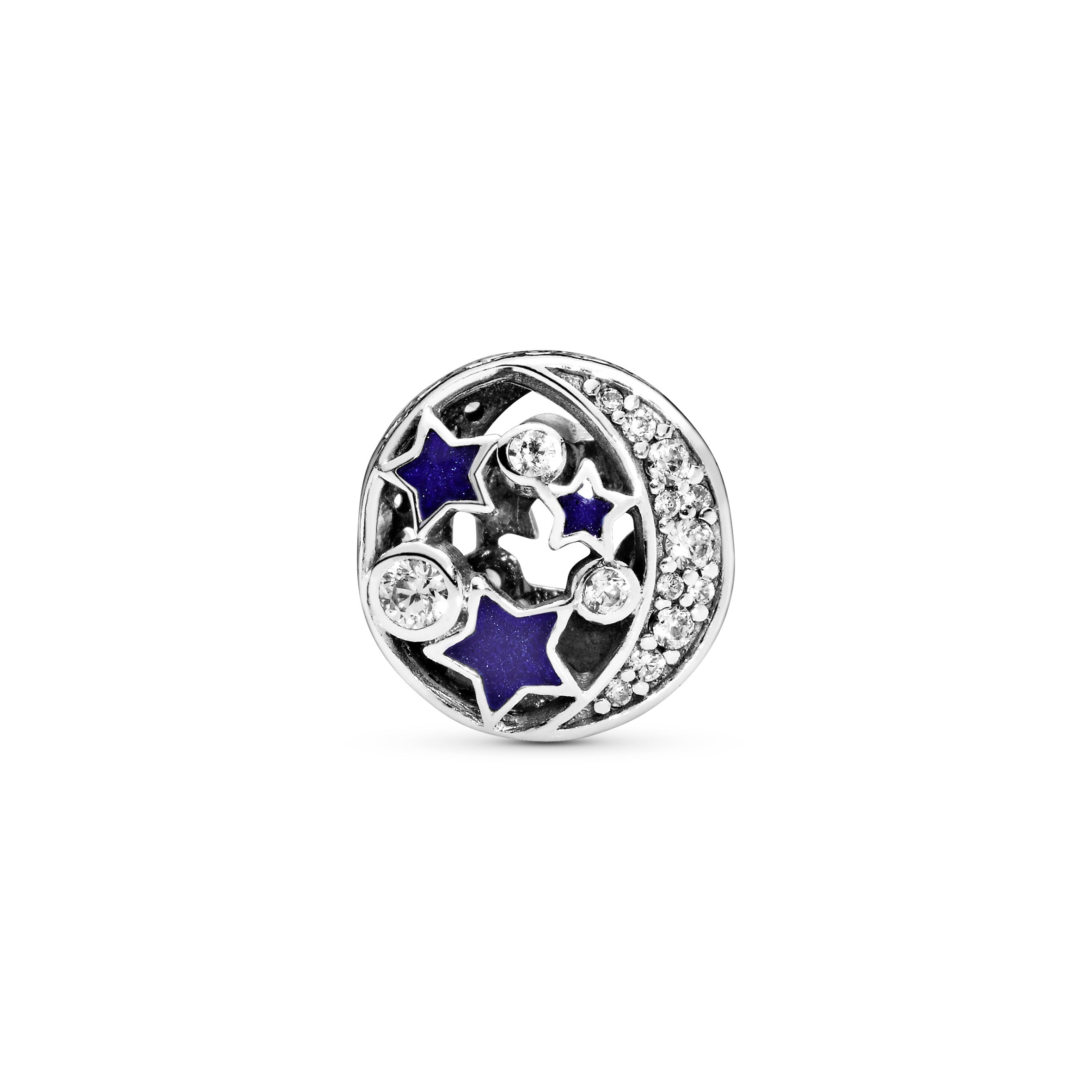 Moon and star silver charm with clear cubic zirconia and blue enamel