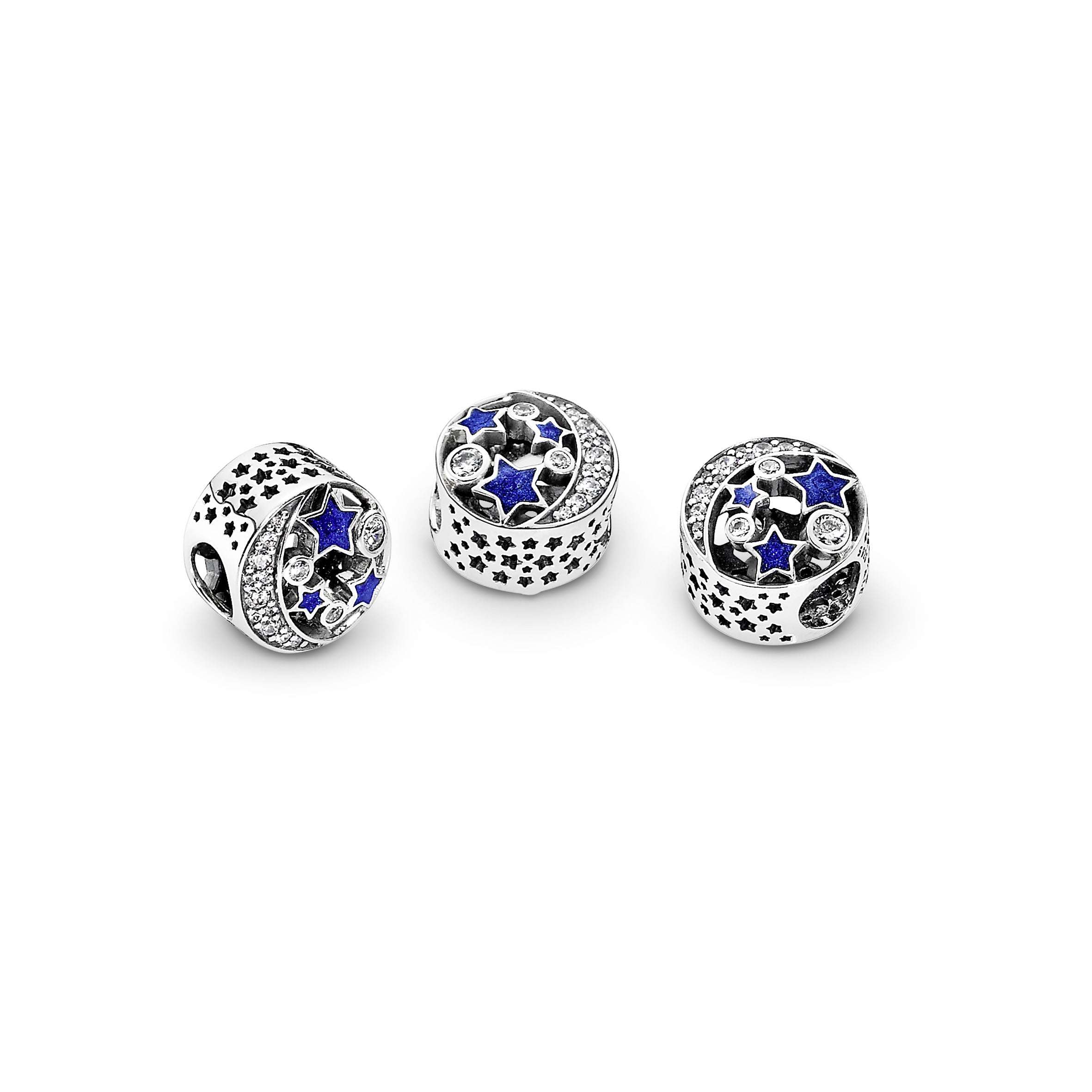 Moon and star silver charm with clear cubic zirconia and blue enamel