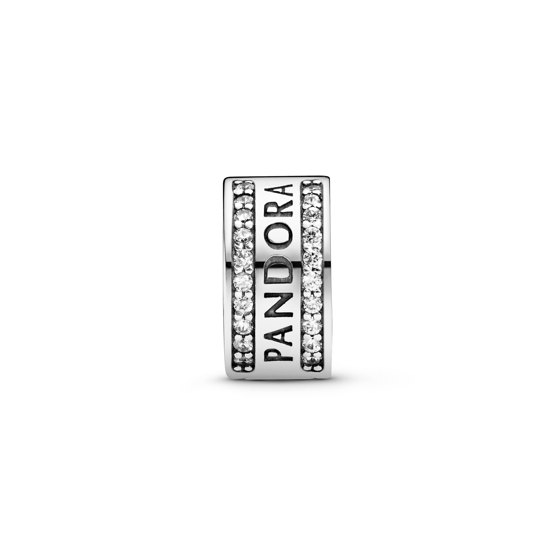PANDORA logo silver clip with clear cubic zirconia and silicone