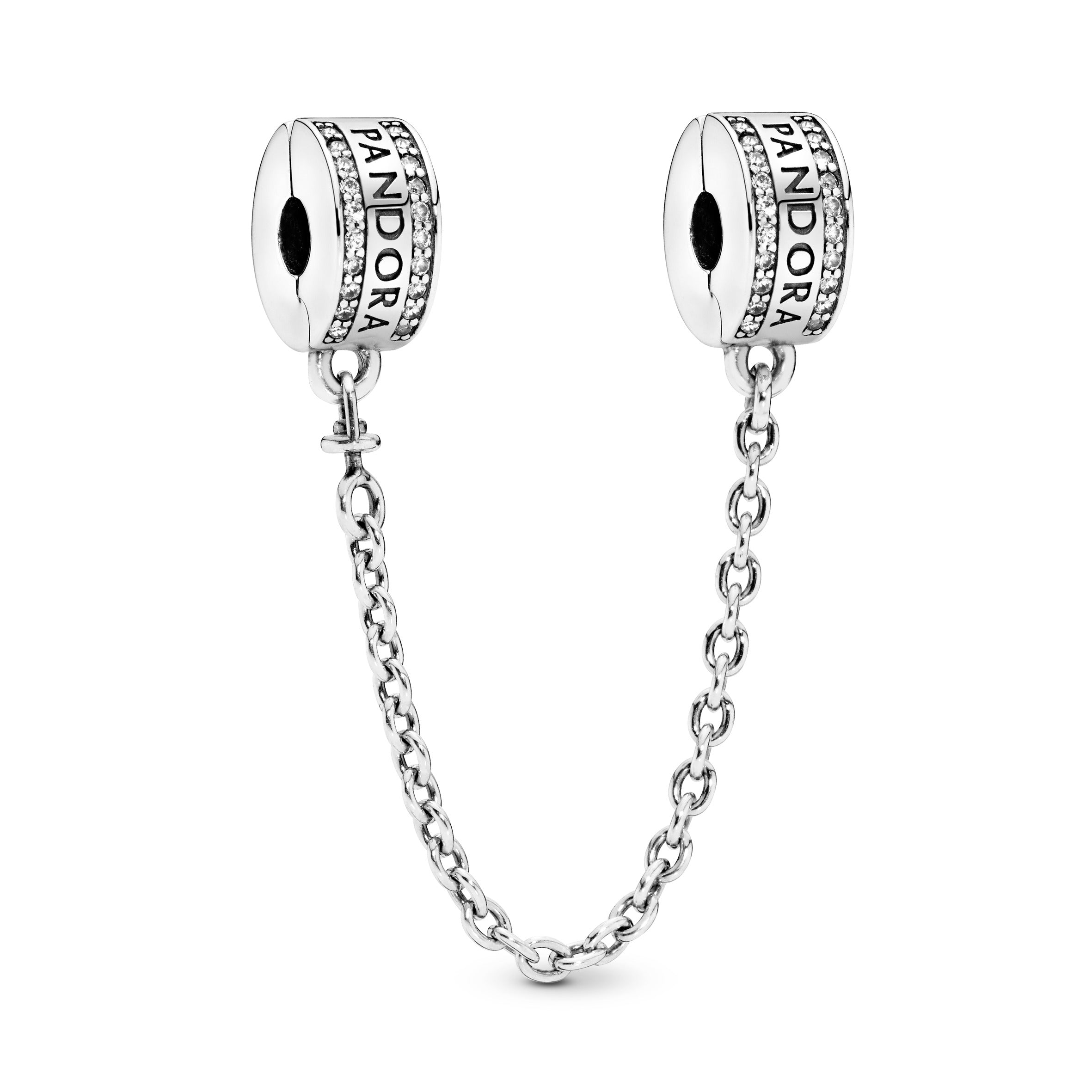 PANDORA logo silver safety chain with clear cubic zirconia and silicone