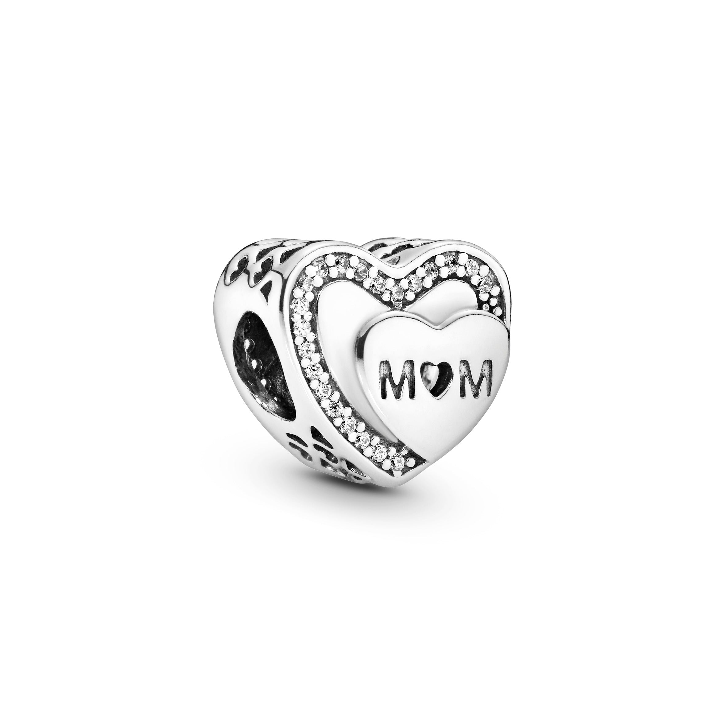Mum heart silver charm with clear cubic zirconia