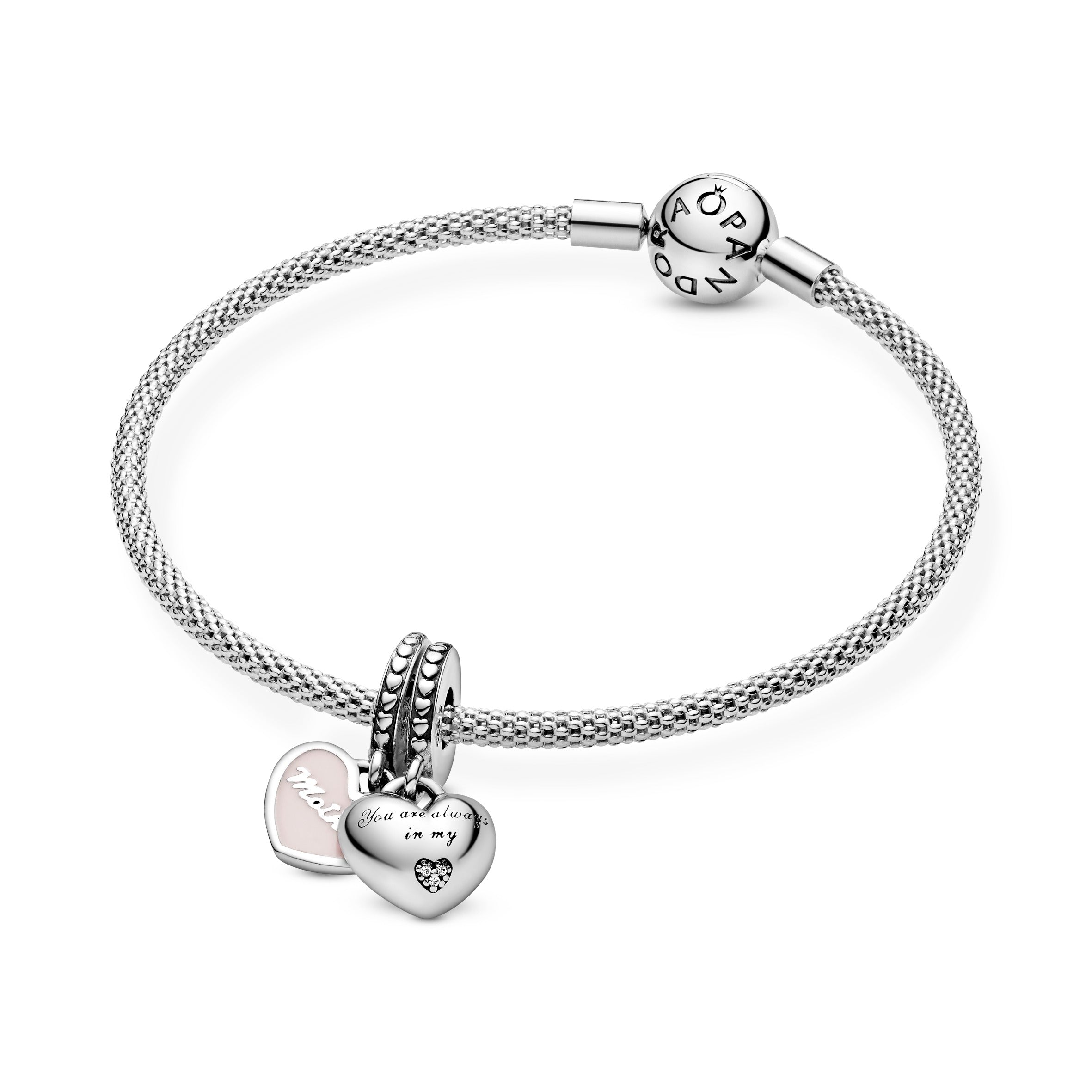 Mother and daughter split heart silver dangle with clear cubic zirconia and pink enamel