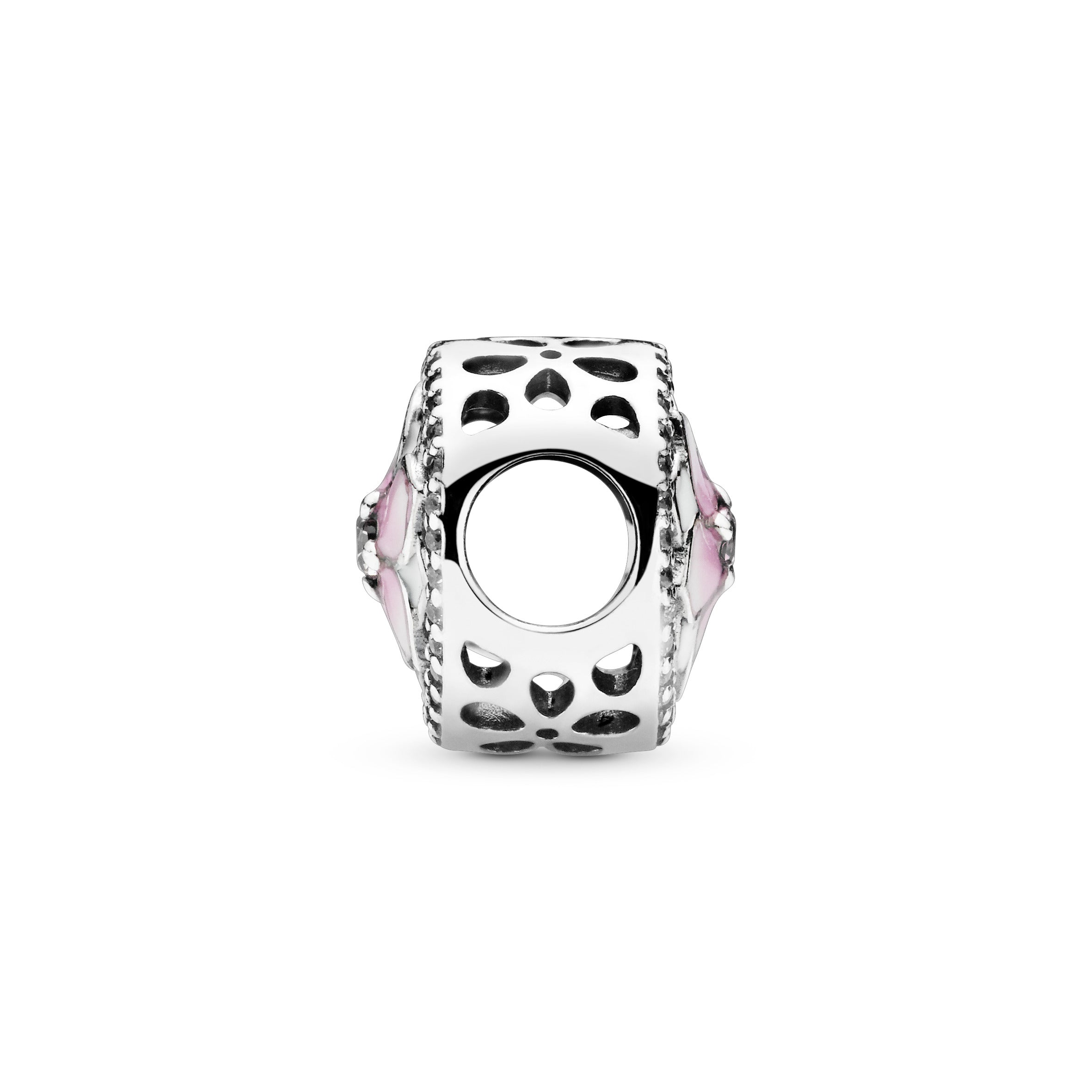 Magnolia silver charm with pink cubic zirconia, clear cubic zirconia, white and shaded pink enamel