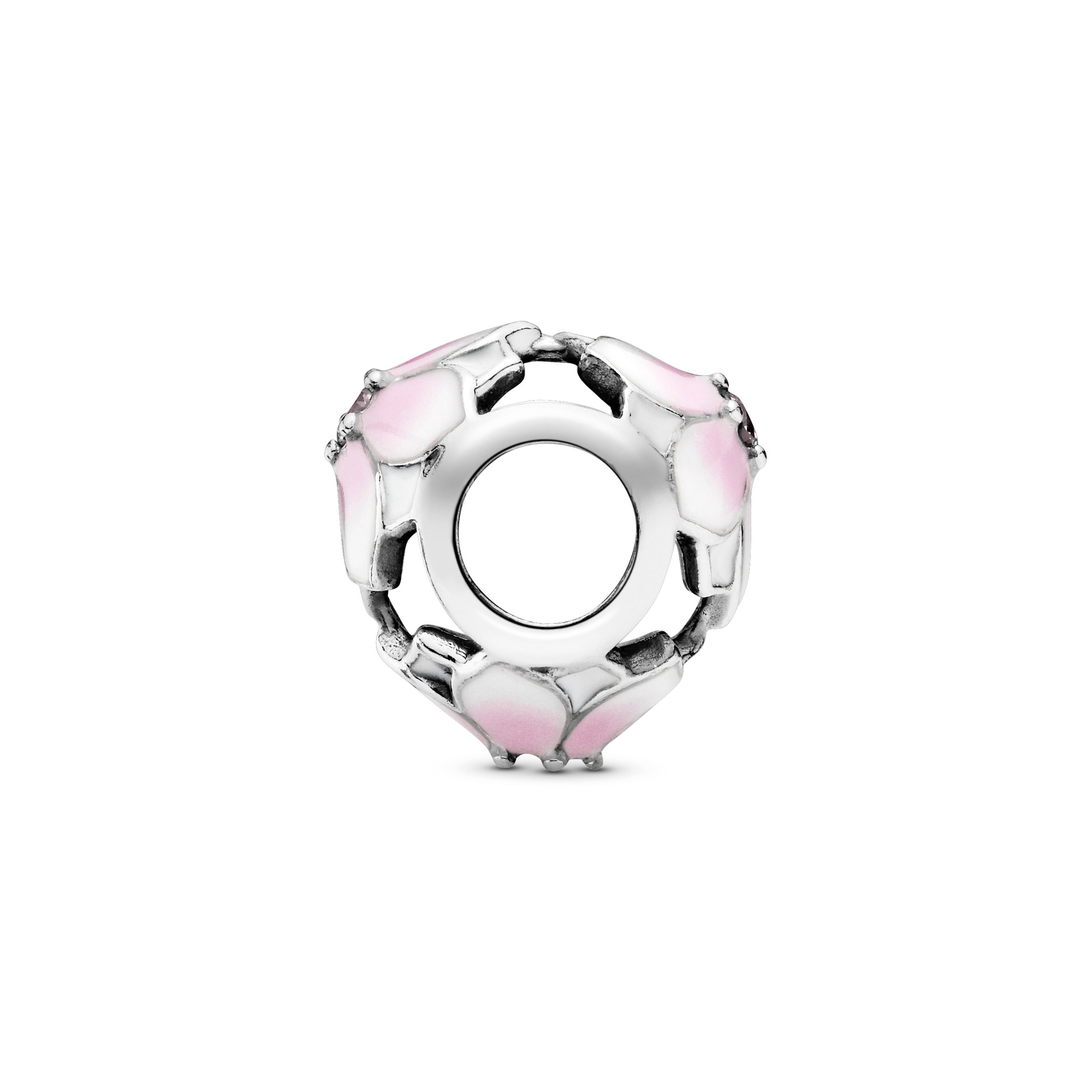 Magnolia silver charm with pink cubic zirconia, white and shaded pink enamel