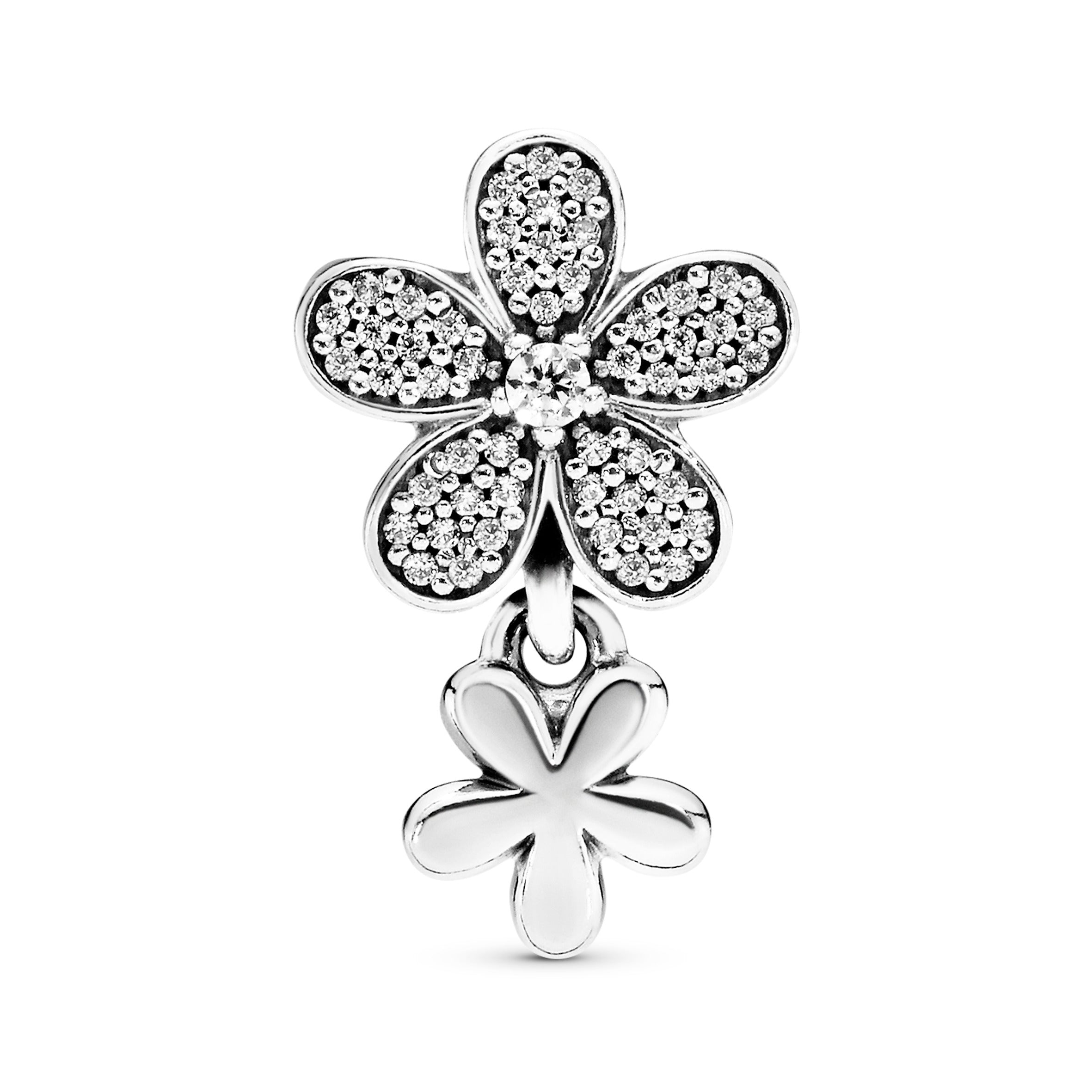 Daisy silver charm with clear cubic zirconia and white enamel