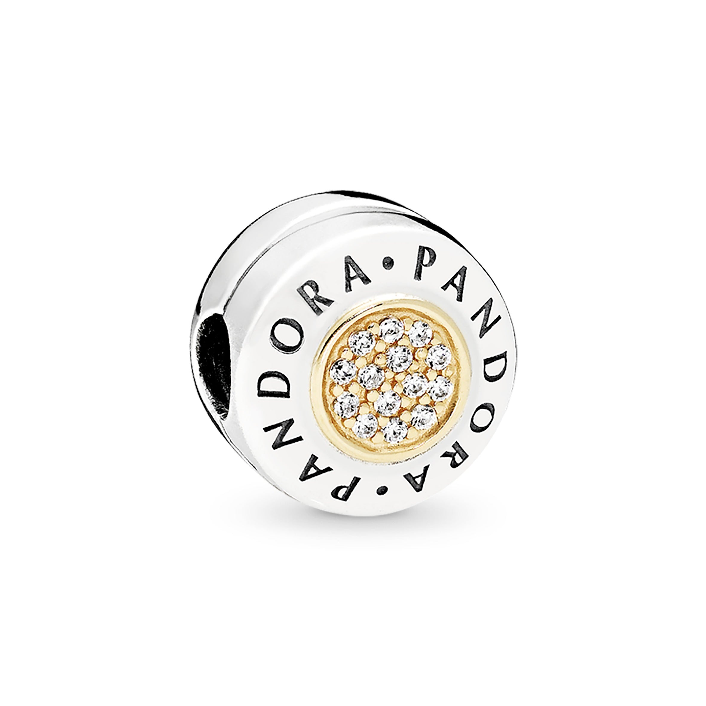 PANDORA logo silver clip with 14k and clear cubic zirconia