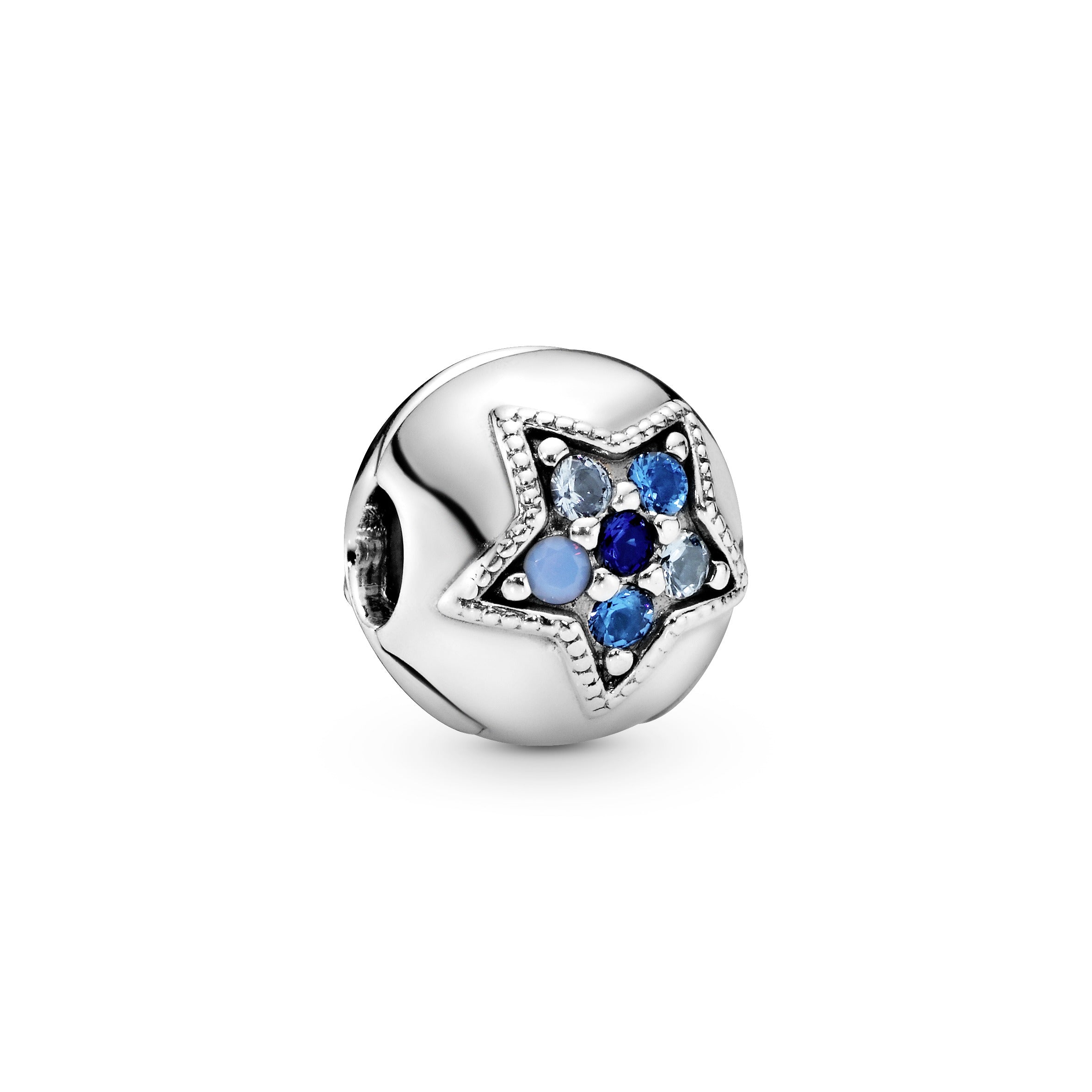 Star silver clip with Swiss blue crystal, opalescent blue crystal, sky blue crystal and royal blue crystal