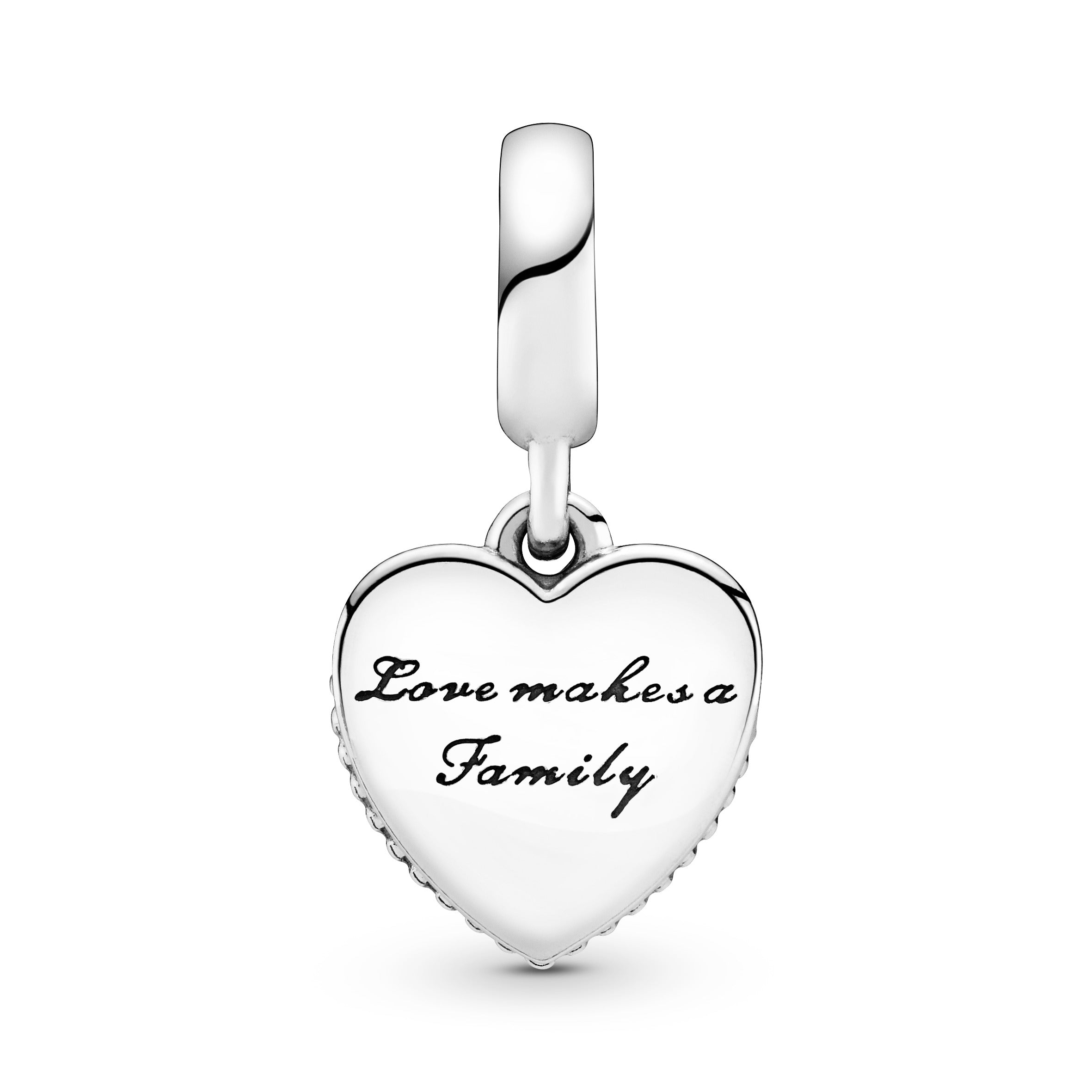 Family heart silver dangle with pink enamel and clear cubic zirconia