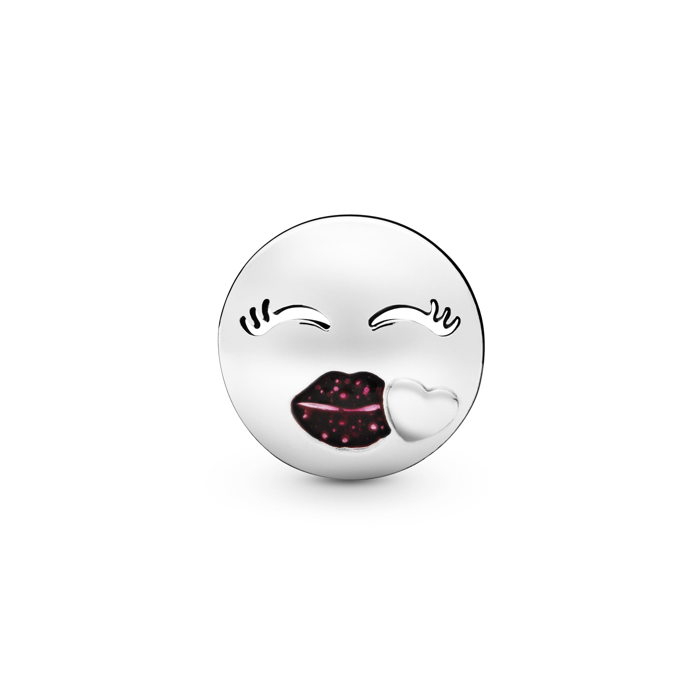 Kiss emoticon silver charm with cerise glitter enamel