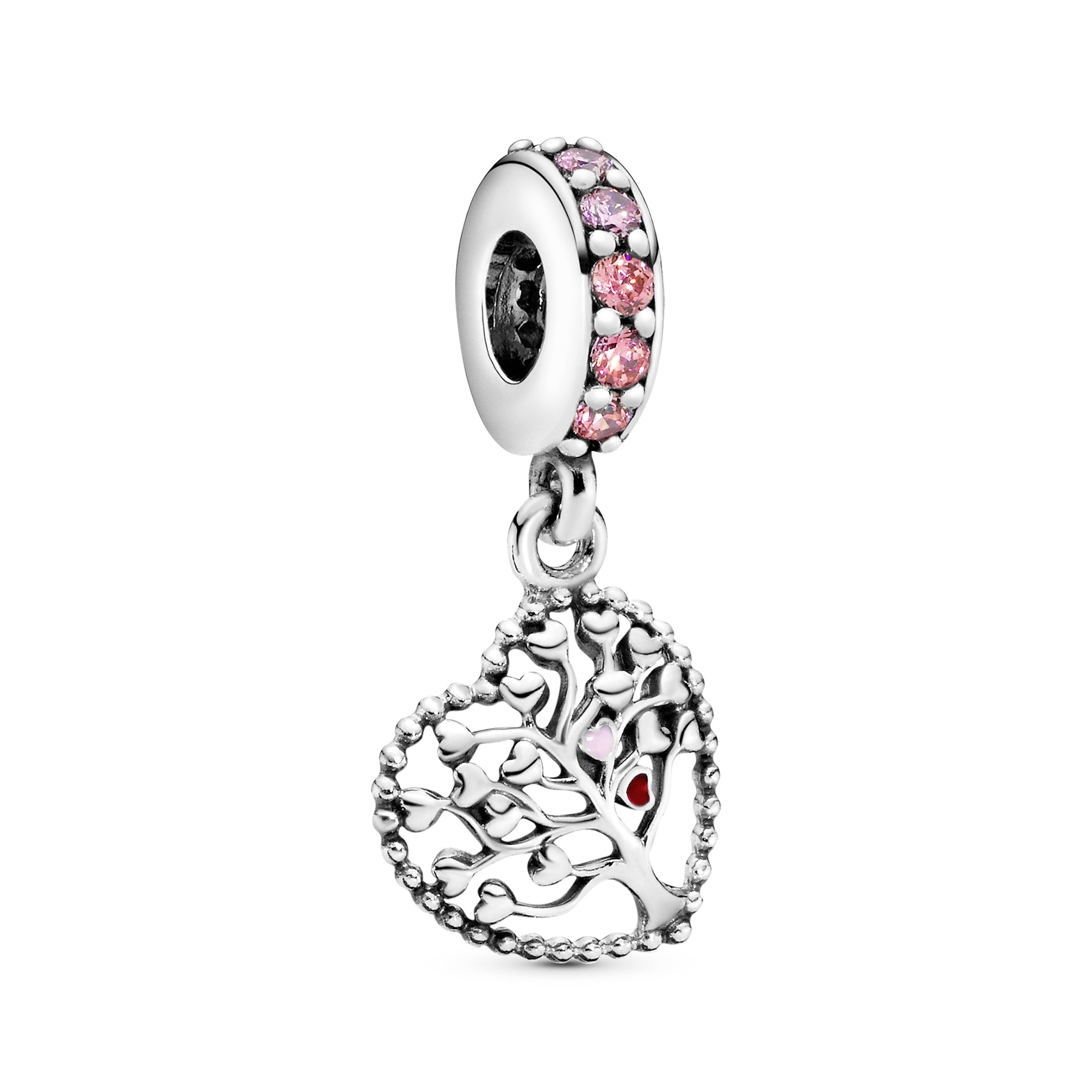 Family tree heart silver dangle with red and pink enamel and mixed pink stones