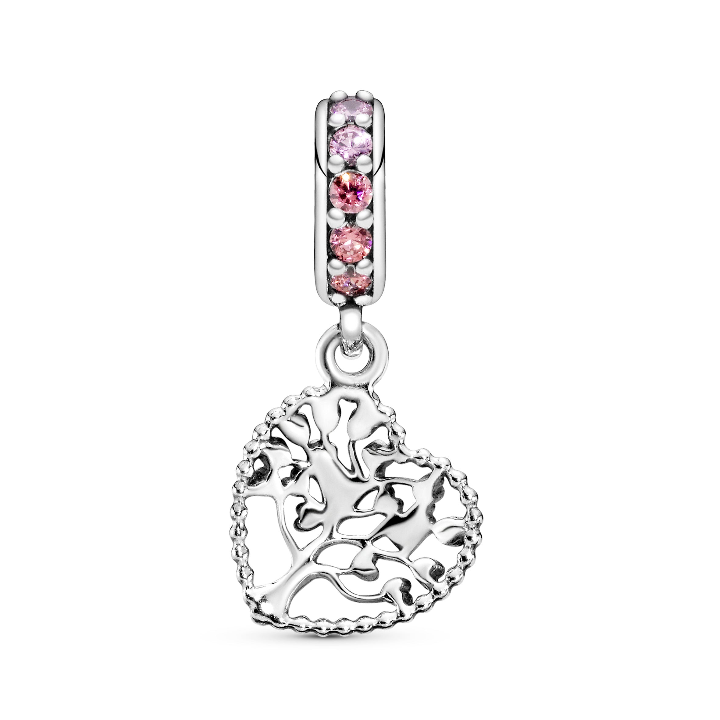 Family tree heart silver dangle with red and pink enamel and mixed pink stones