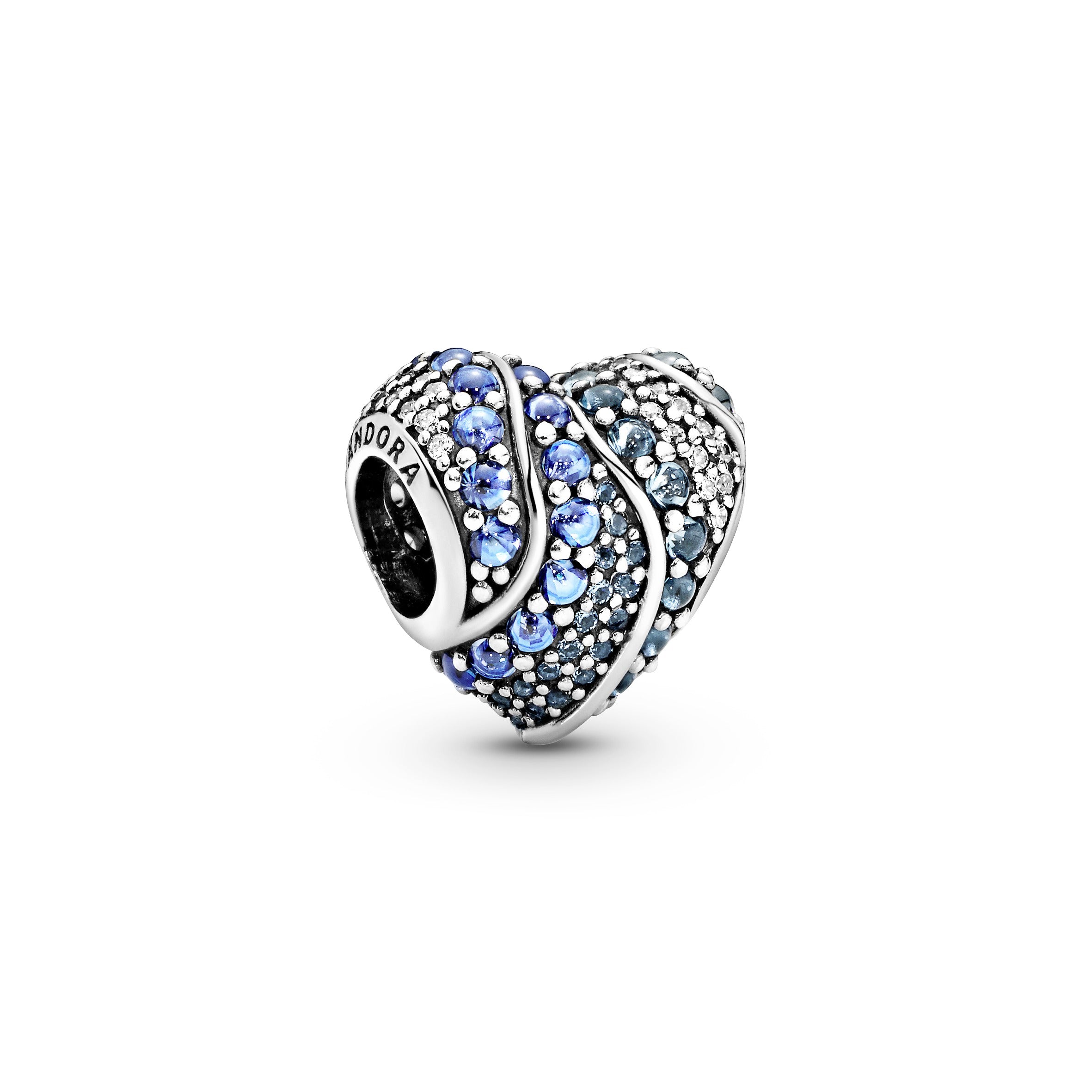 Water heart silver charm with aqua blue, London blue crystal, clear and blue cubic zirconia