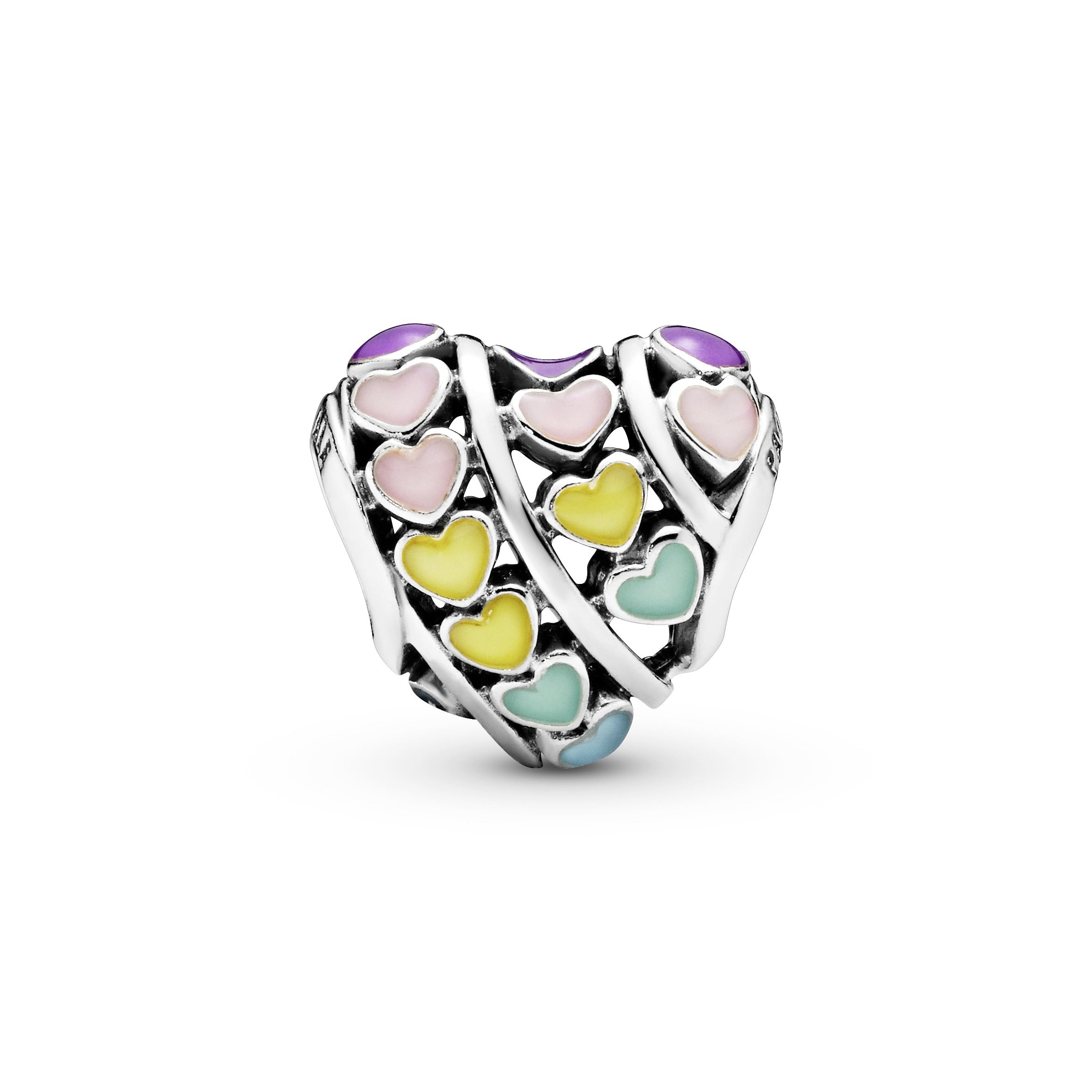 Heart silver charm with pink, purple, blue, yellow and green enamel