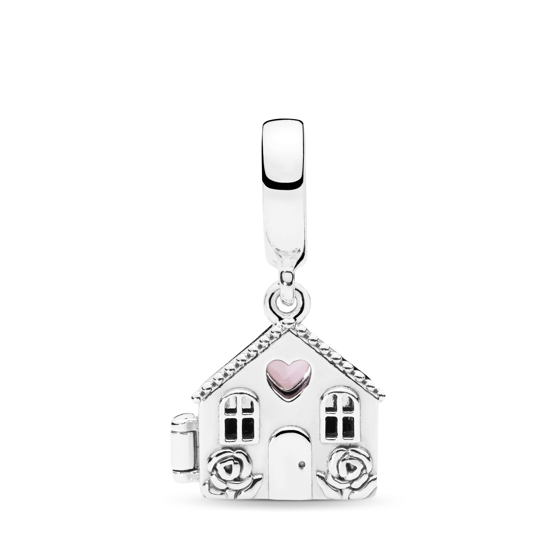 House silver dangle with pink enamel