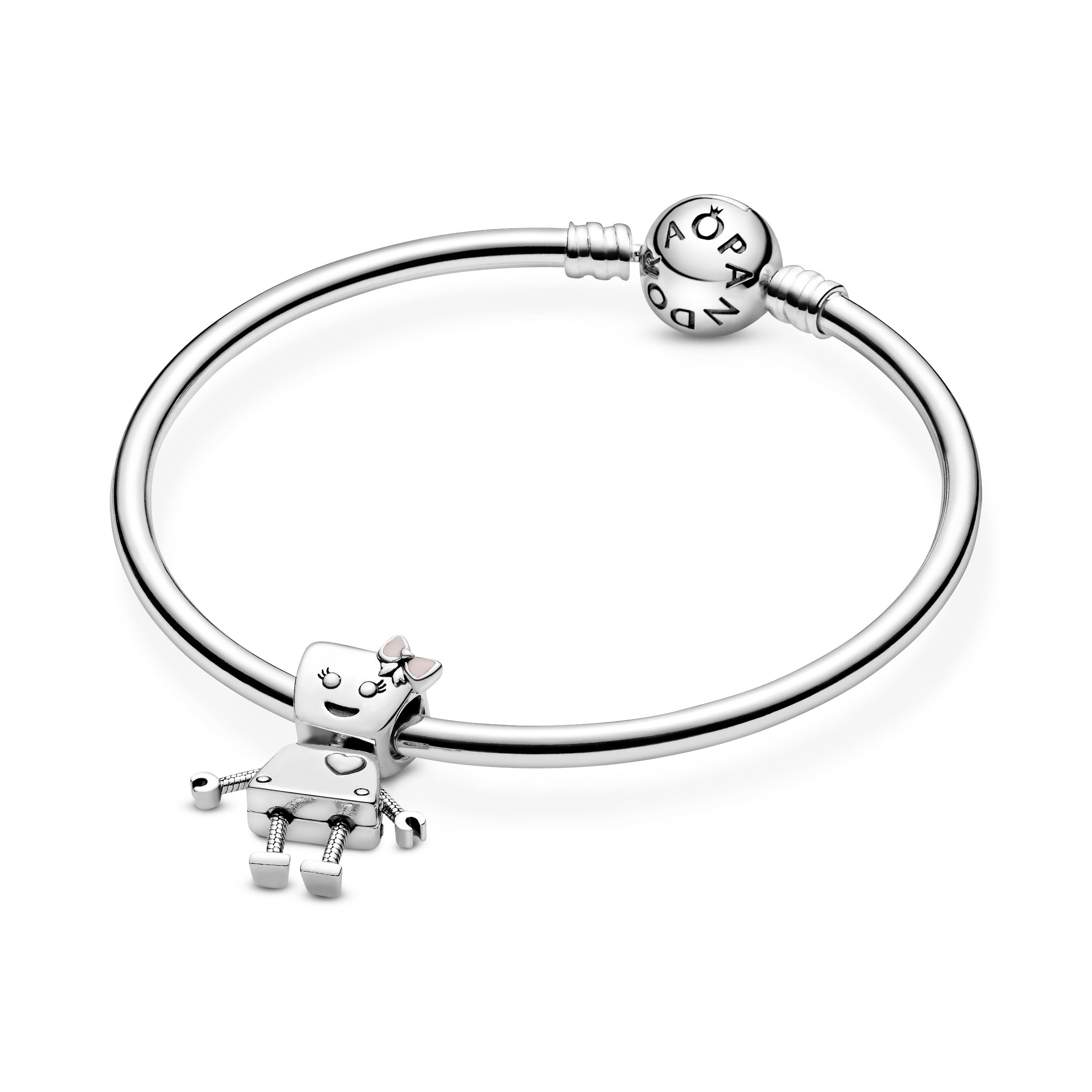 Robot girl silver charm with pink enamel