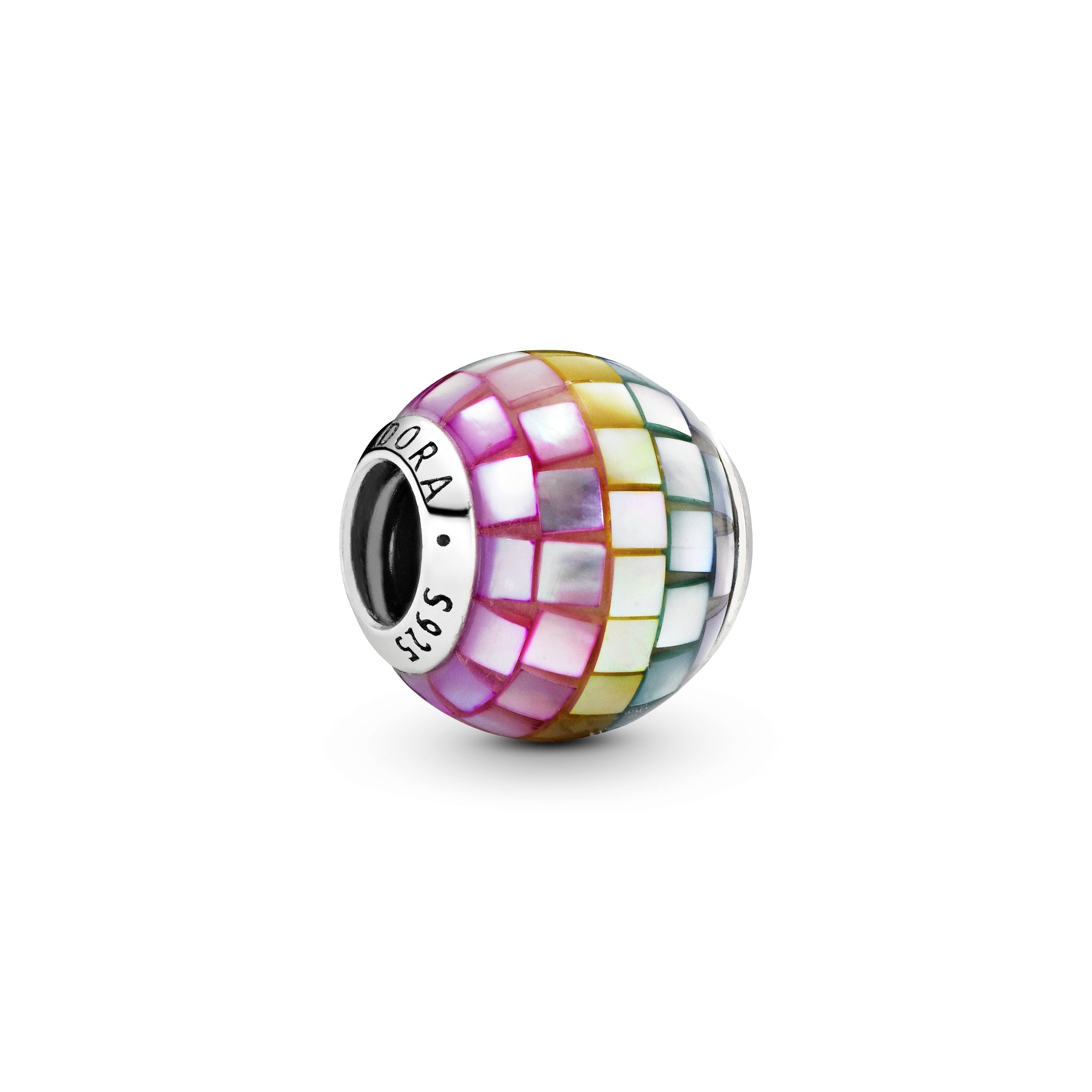 Silver charm with mother of pearl mosaic in purple, pink, yellow, green and blue