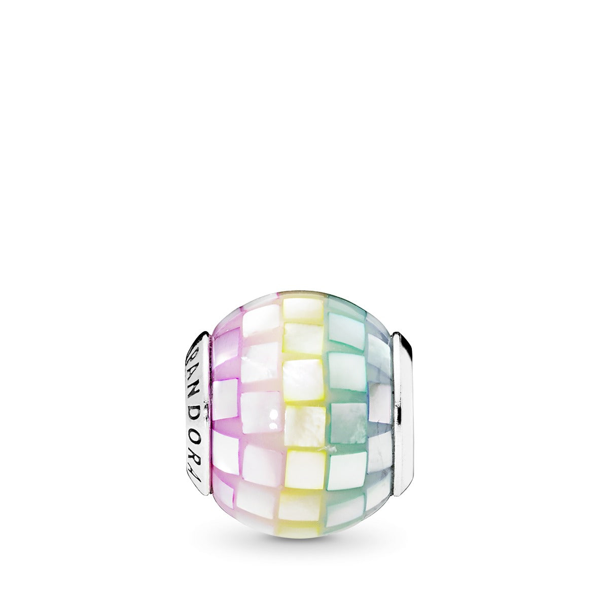 Silver charm with mother of pearl mosaic in purple, pink, yellow, green and blue