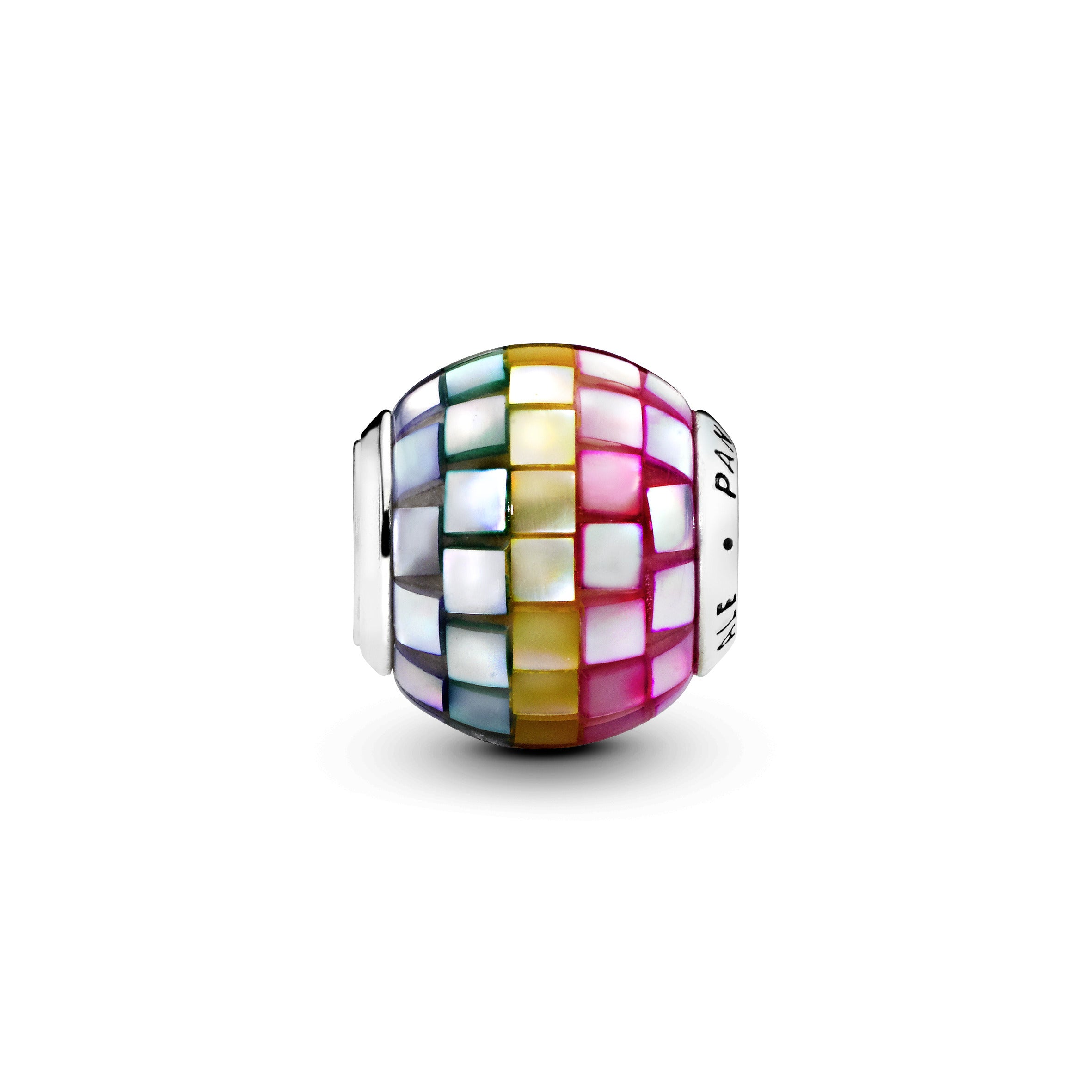Silver charm with mother of pearl mosaic in purple, pink, yellow, green and blue