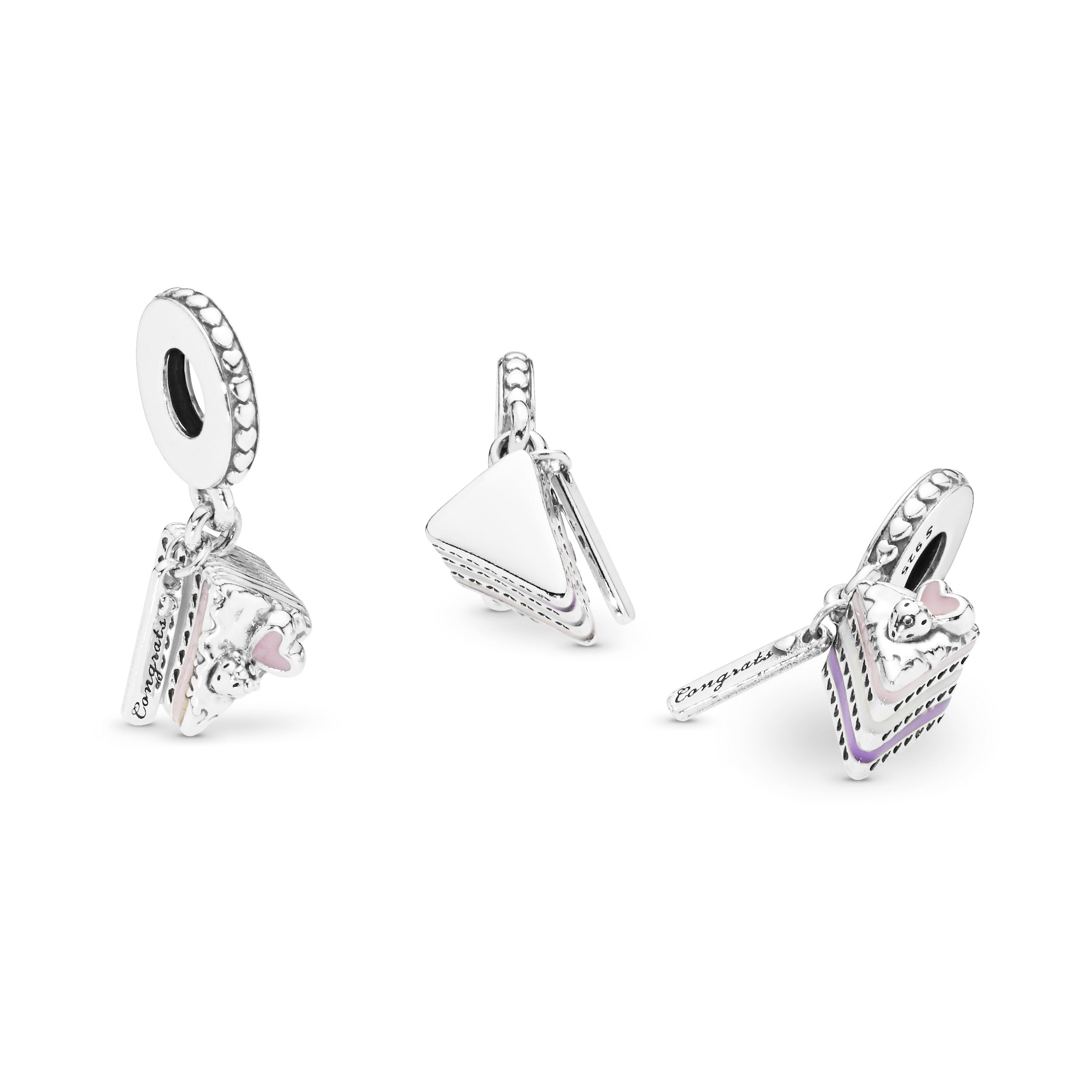 Cake slice silver dangle with pink, purple and silver enamel