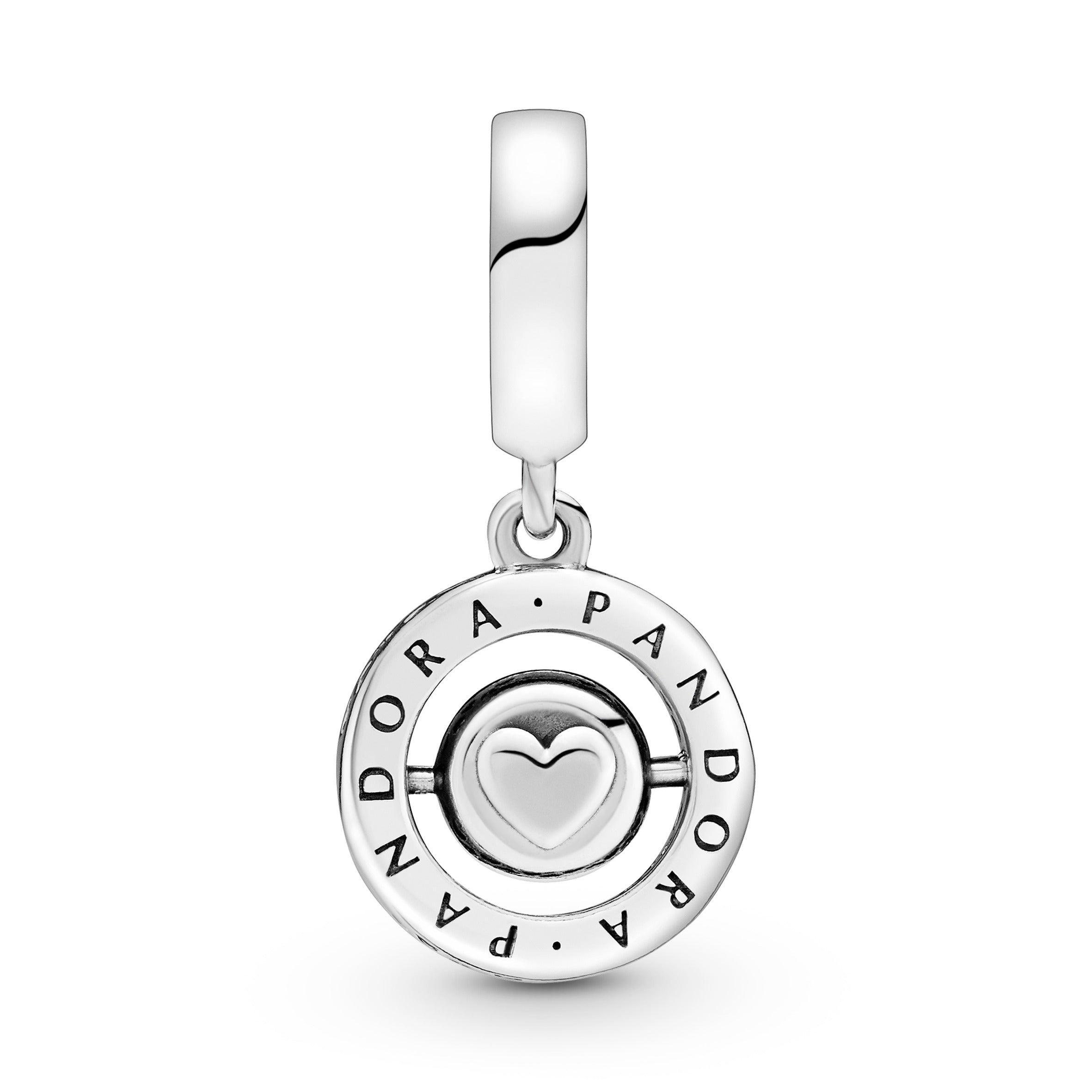 PANDORA logo silver spinning dangle with clear cubic zirconia