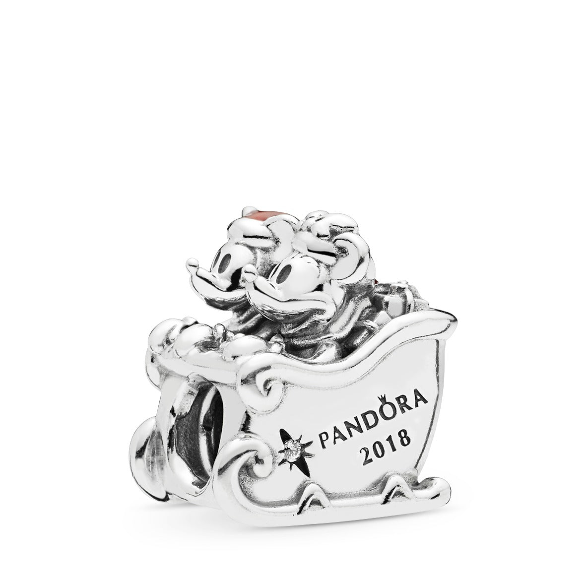 Disney Mickey & Minnie sled silver charm with red enamel and clear cubic zirconia