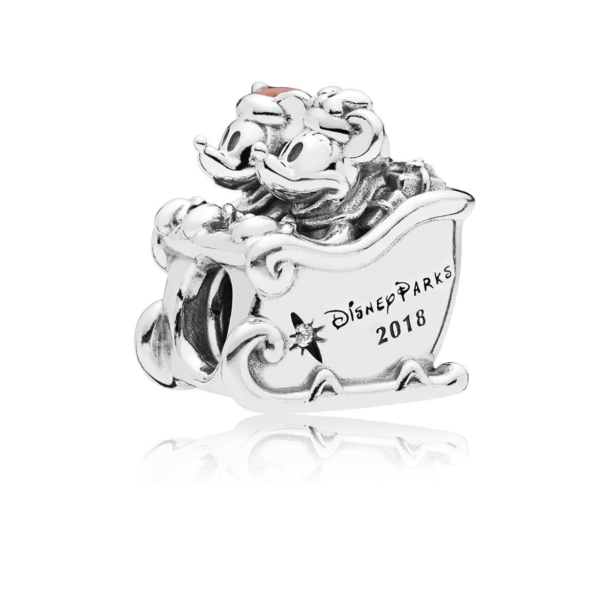 Disney Mickey & Minnie sled silver charm with red enamel and clear cubic zirconia