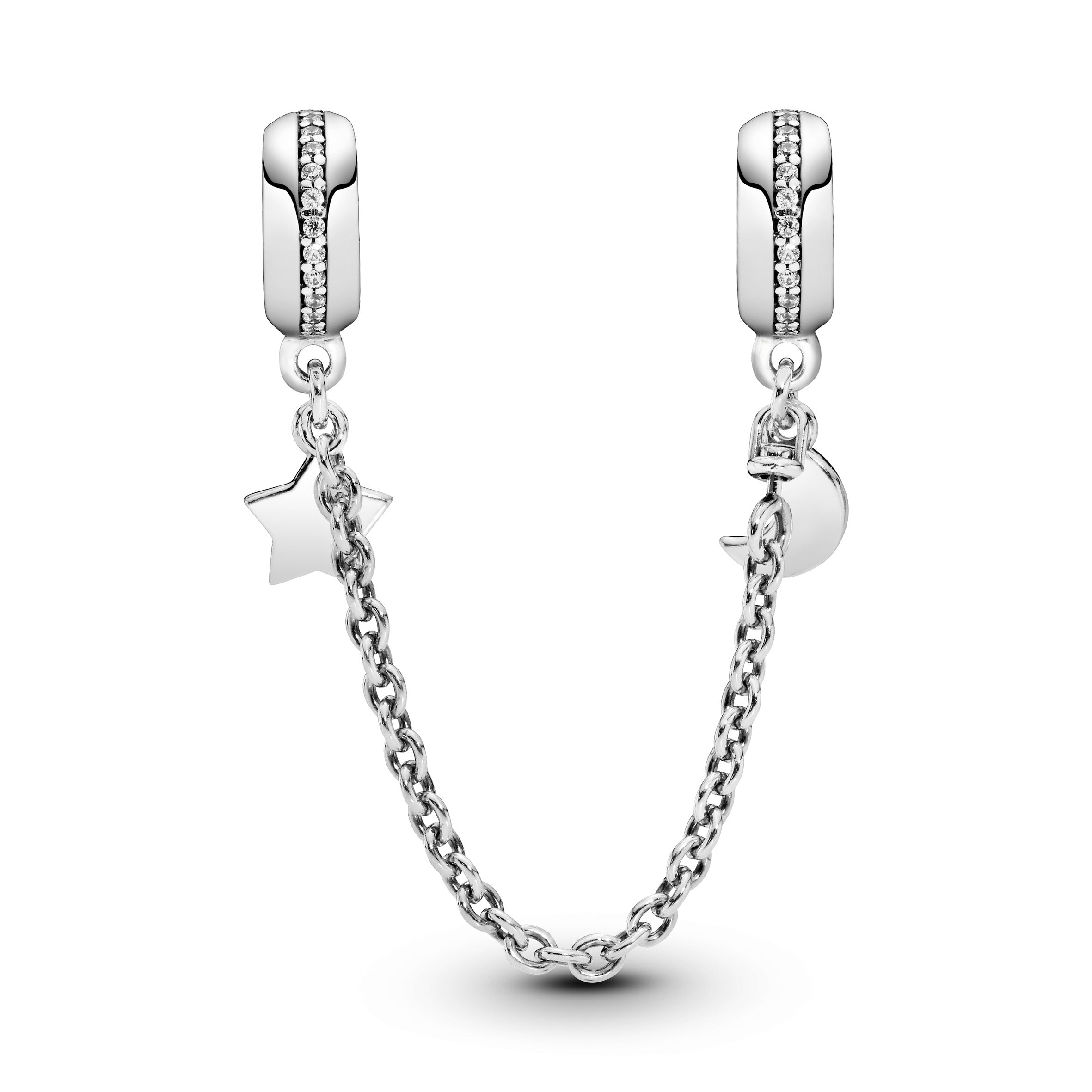 Moon and star silver safety chain with clear cubic zirconia