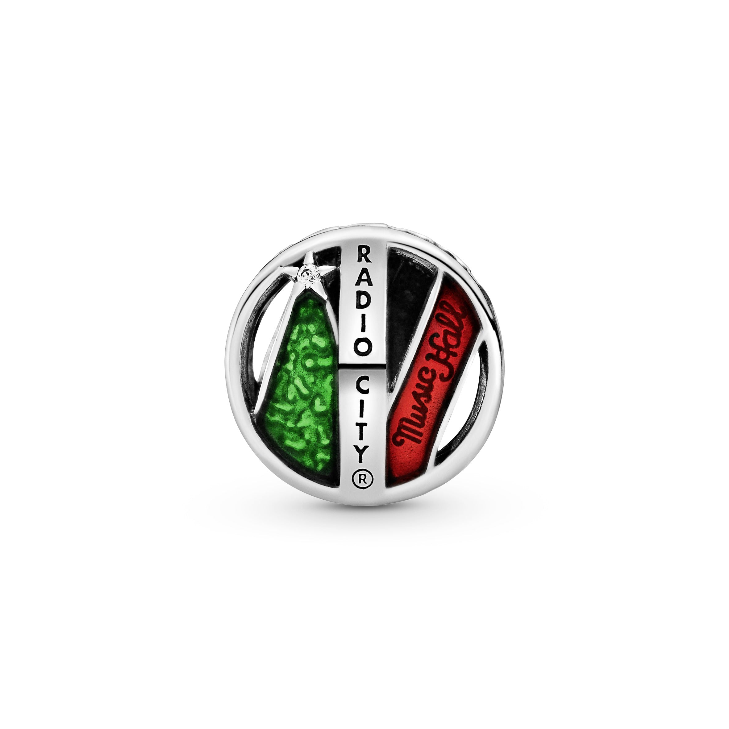 New York Radio City Hall silver charm with red and green enamel and clear cubic zirconia