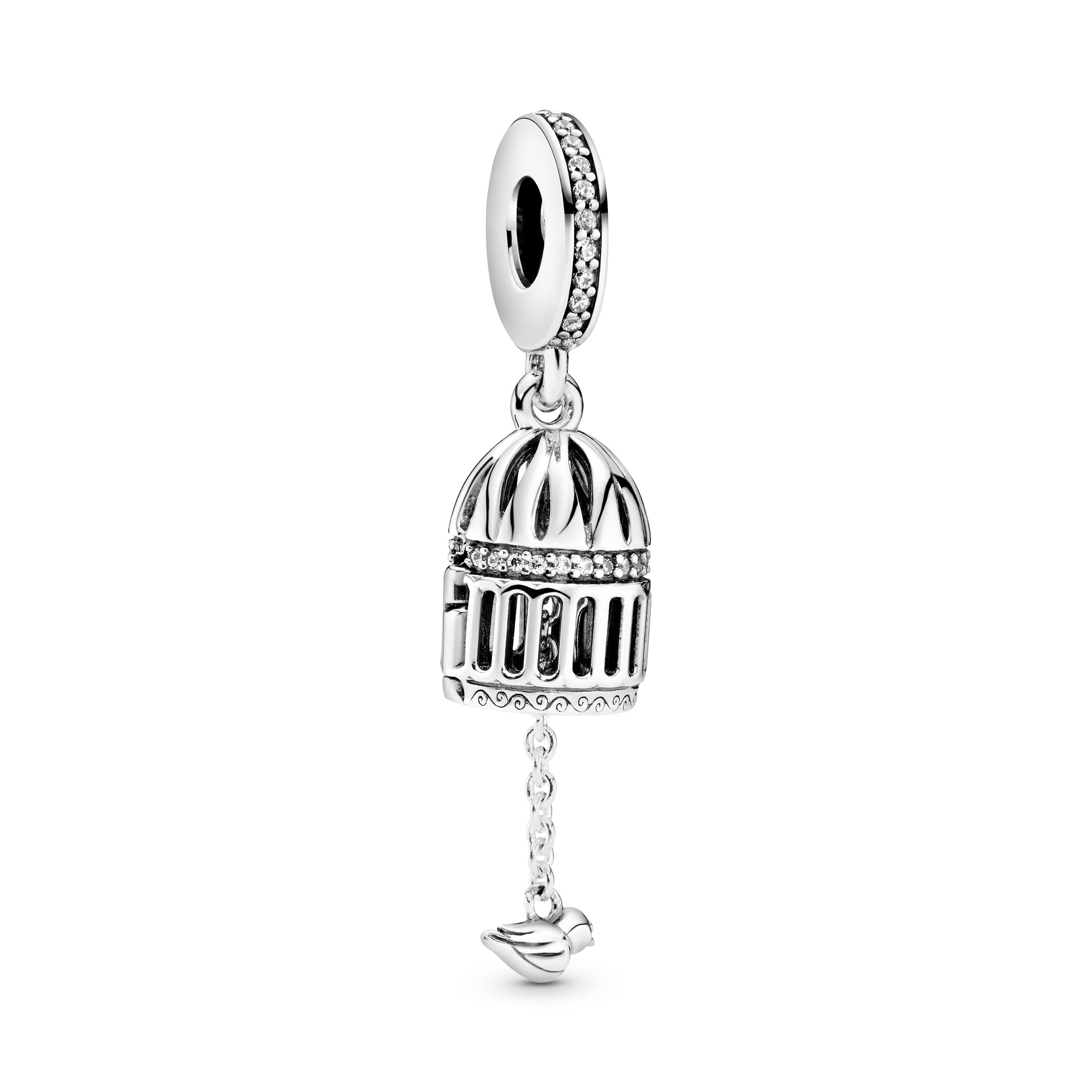 Birdcage openable silver dangle with clear cubic zirconia
