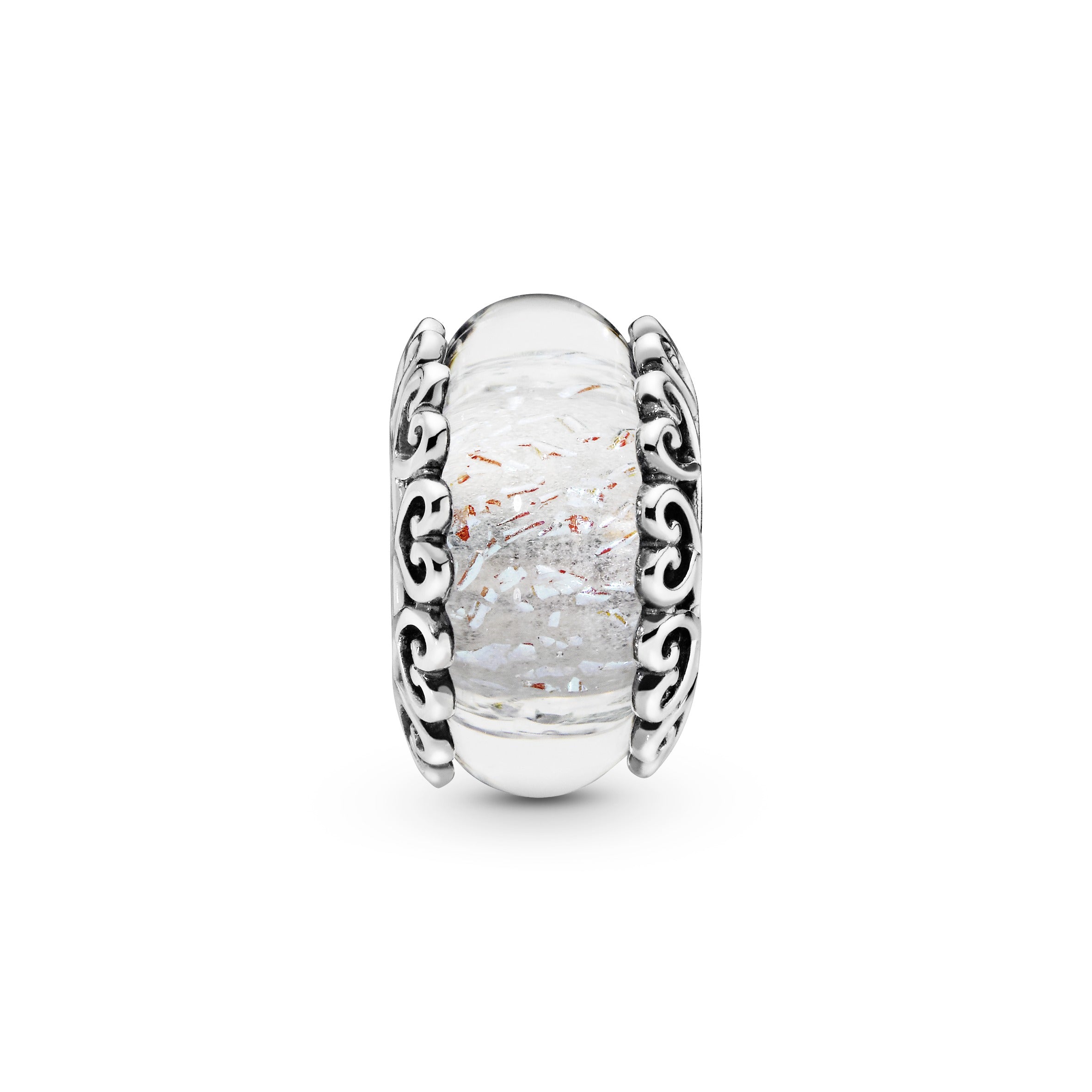 Silver charm with iridescent and transparent Murano glass