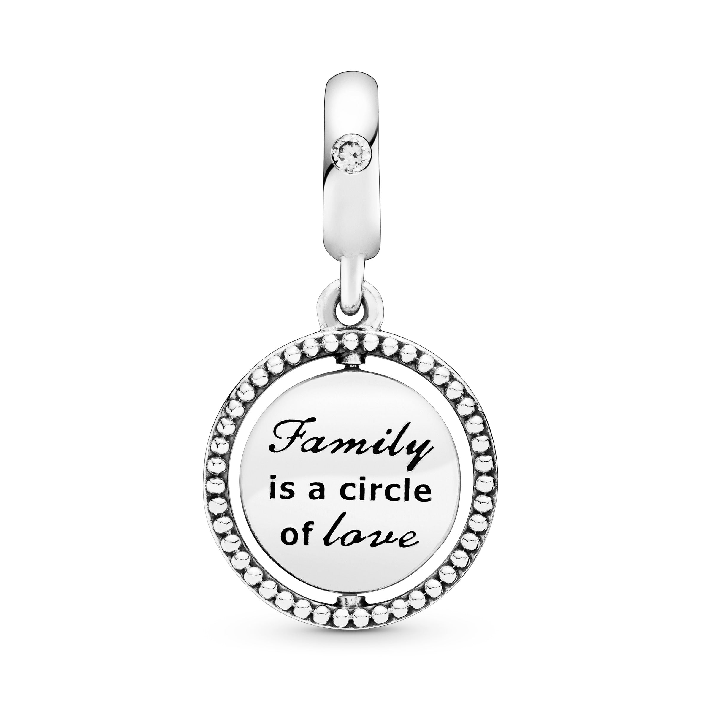 Spinning family tree silver dangle with clear cubic zirconia and white enamel
