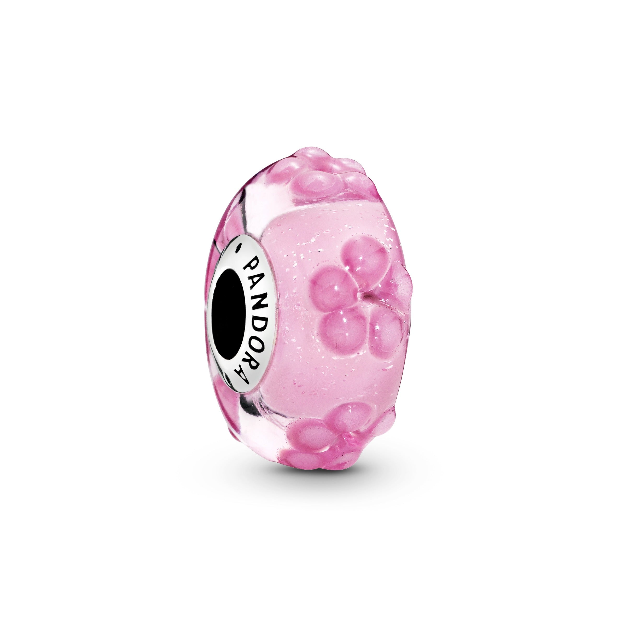 Flower silver charm with iridescent, pink and transparent pink Murano glass