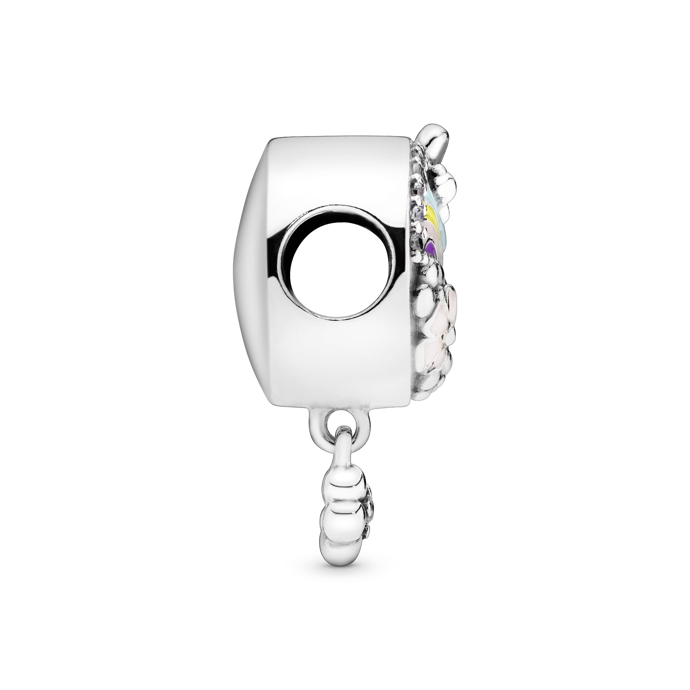 Flower and rainbow silver charm with pink, white, purple, green, blue and yellow enamel