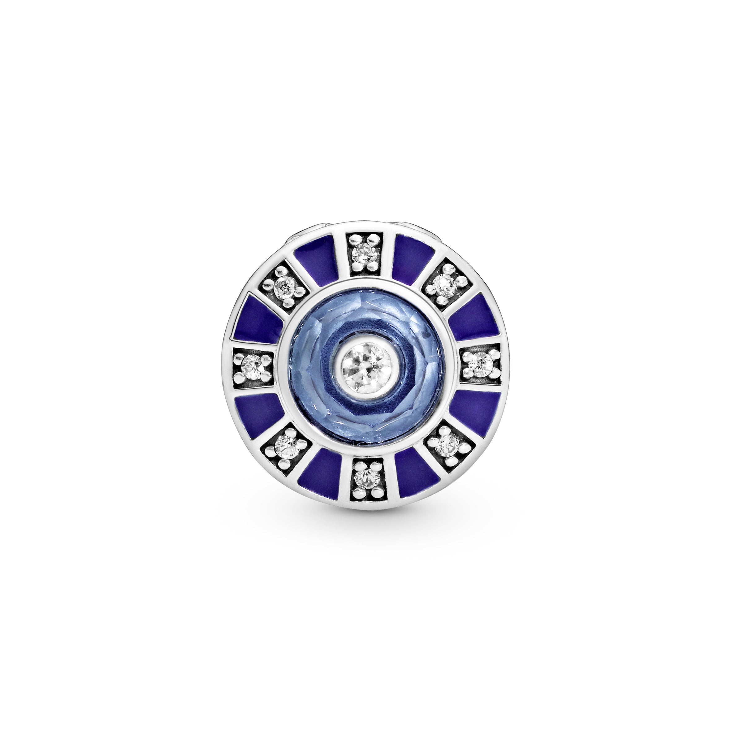 Silver charm with clear cubic zirconia, moonlight blue crystal and blue enamel