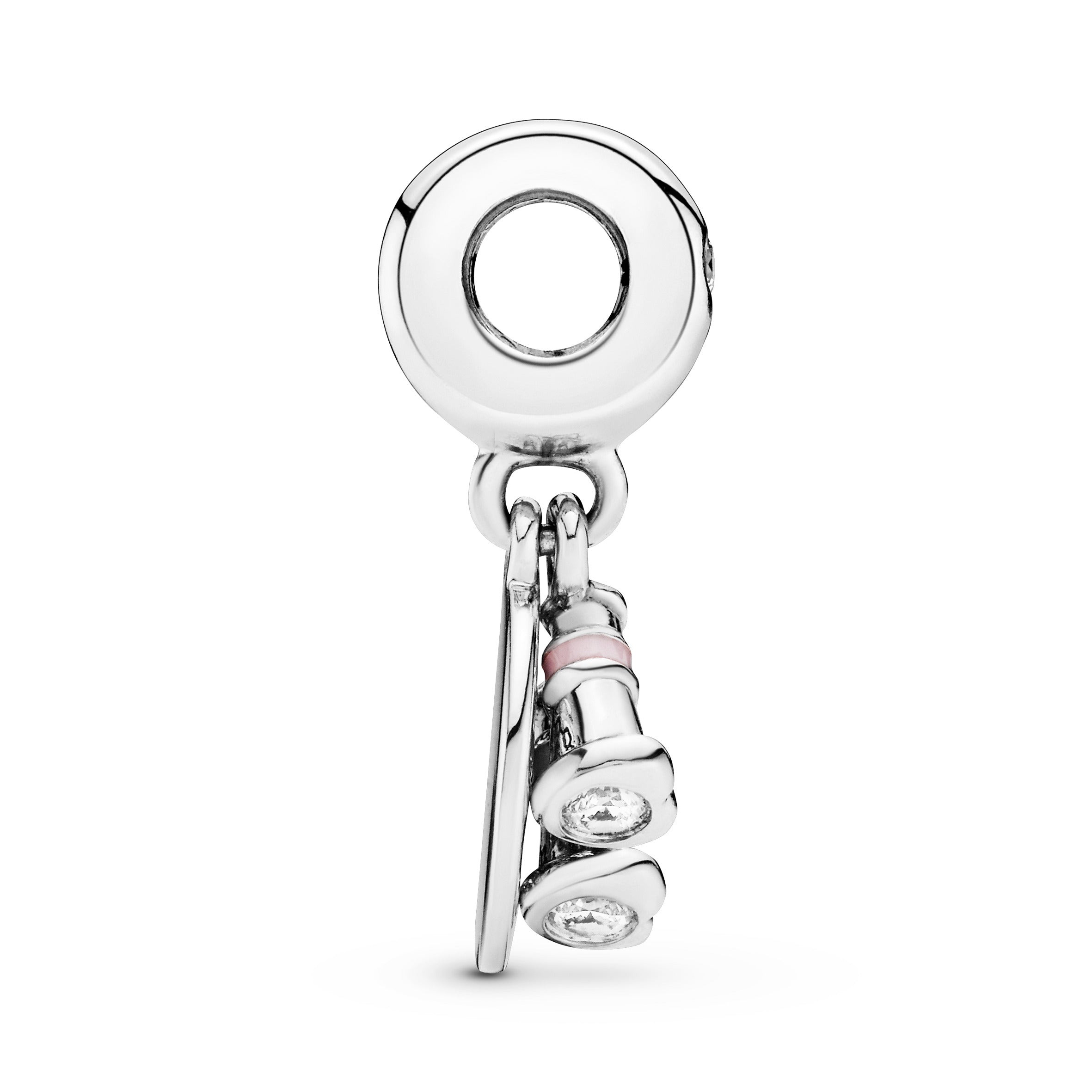 Binoculars silver dangle with clear cubic zirconia and pink enamel
