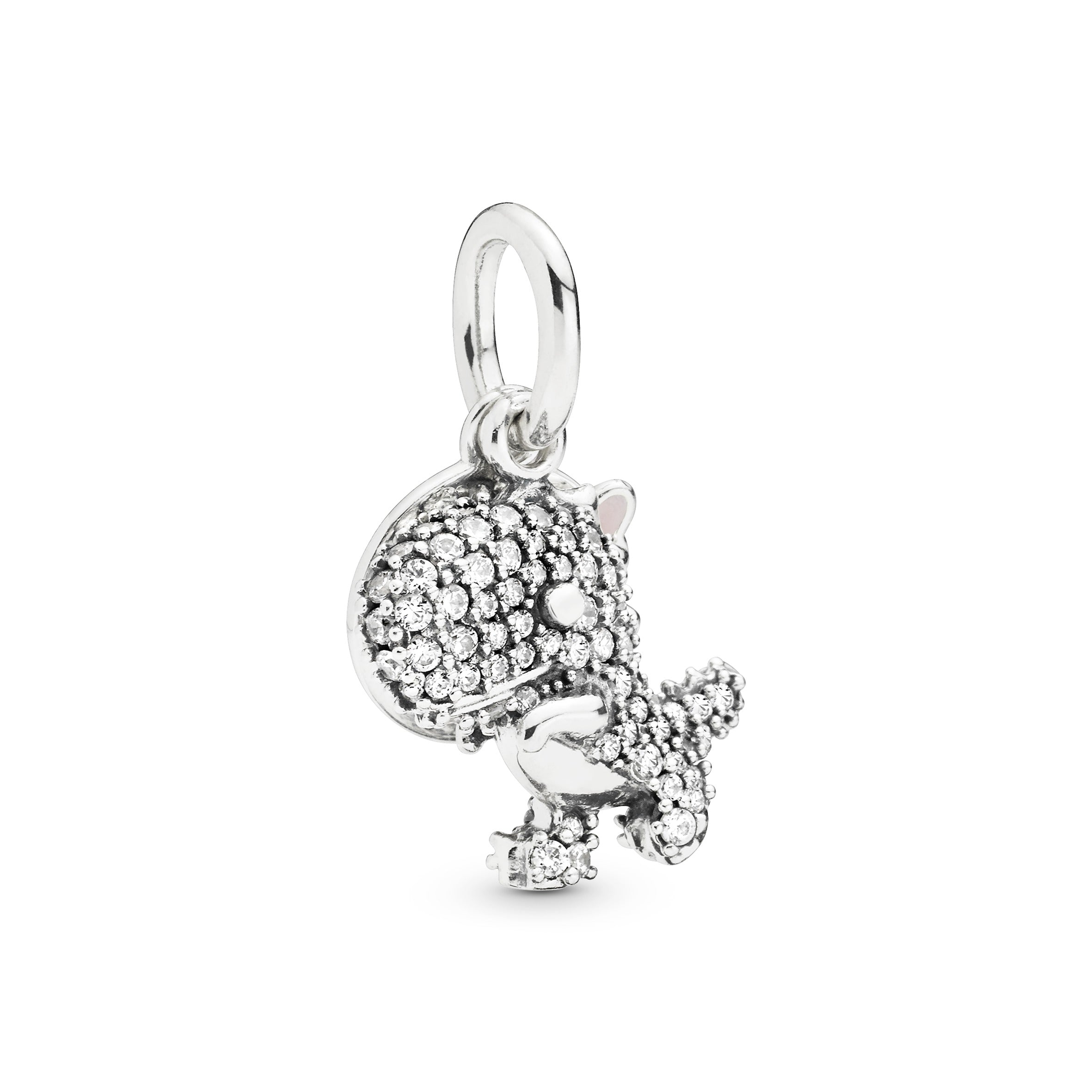 Dinosaur silver dangle with clear cubic zirconia and pink enamel
