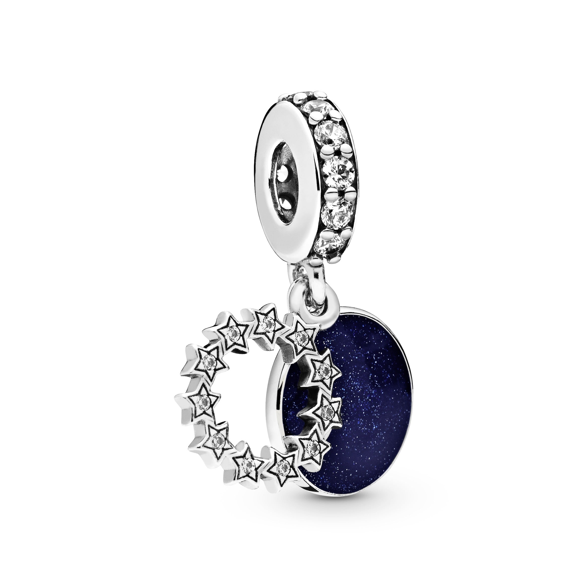 Sterling silver dangle with clear cubic zirconia and shimmering blue enamel