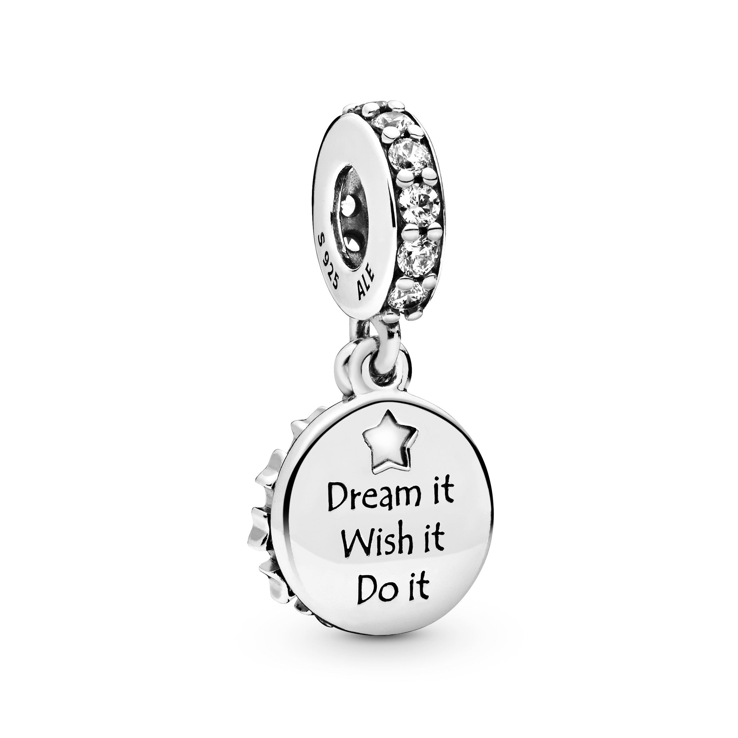 Sterling silver dangle with clear cubic zirconia and shimmering blue enamel