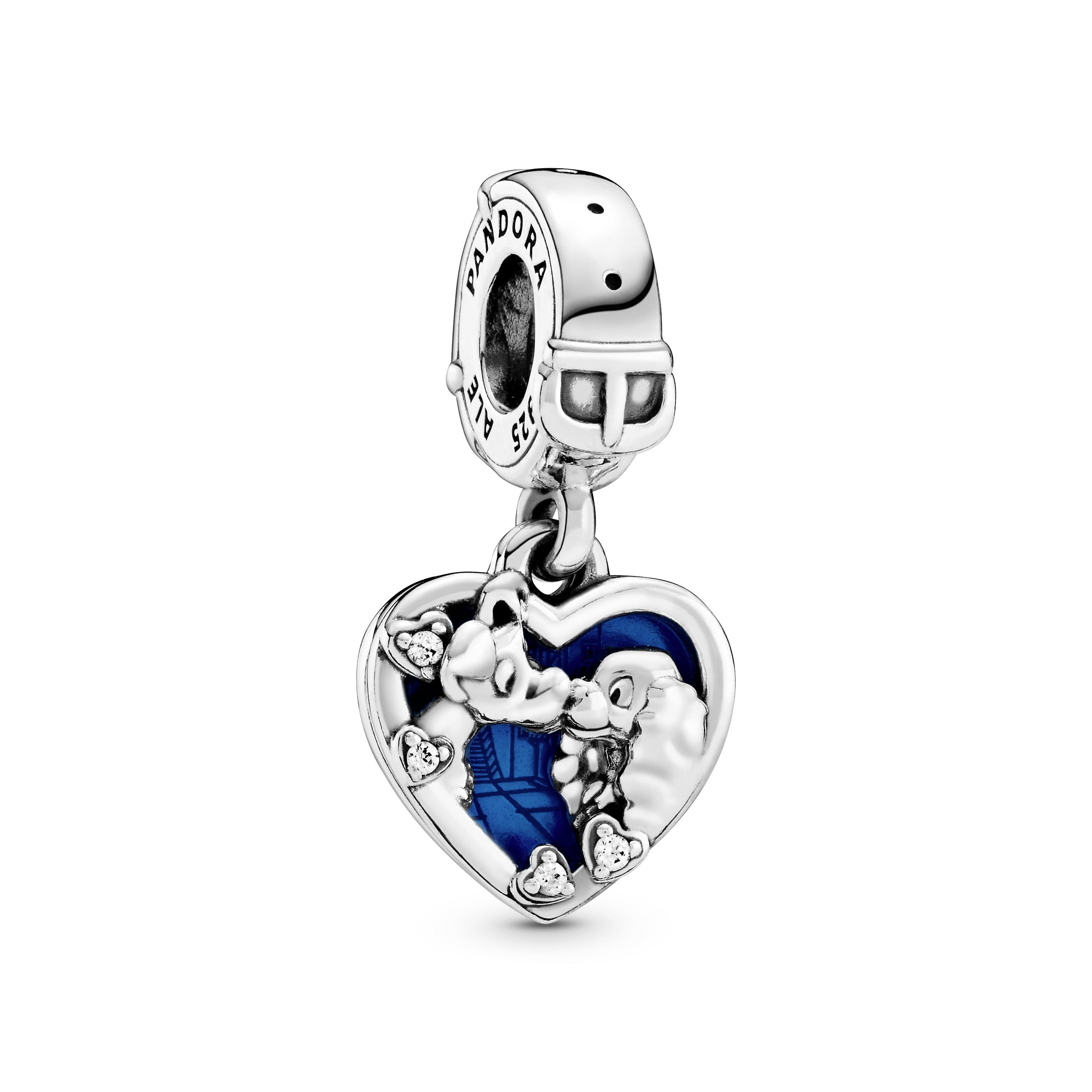 Disney Lady and the Tramp sterling silver dangle with clear cubic zirconia and shimmering blue enamel