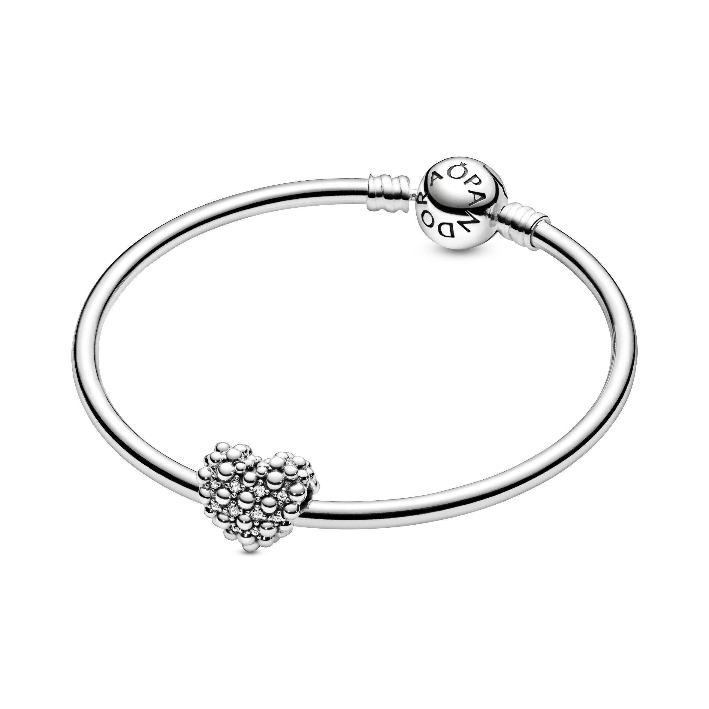 Beaded heart sterling silver charm with clear cubic zirconia