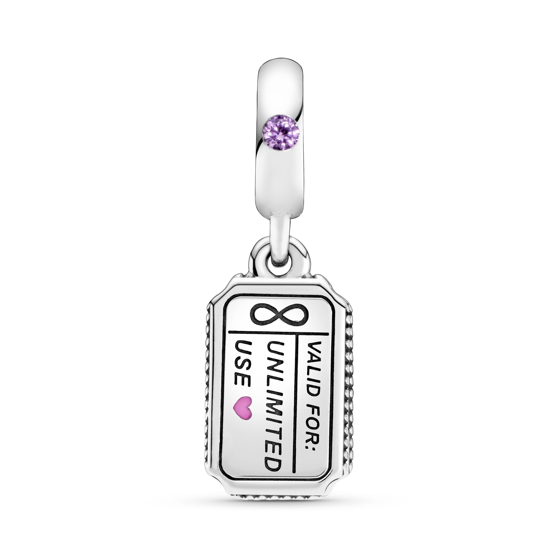 Love coupon sterling silver dangle with pink synthetic sapphire and pink, black and red enamel