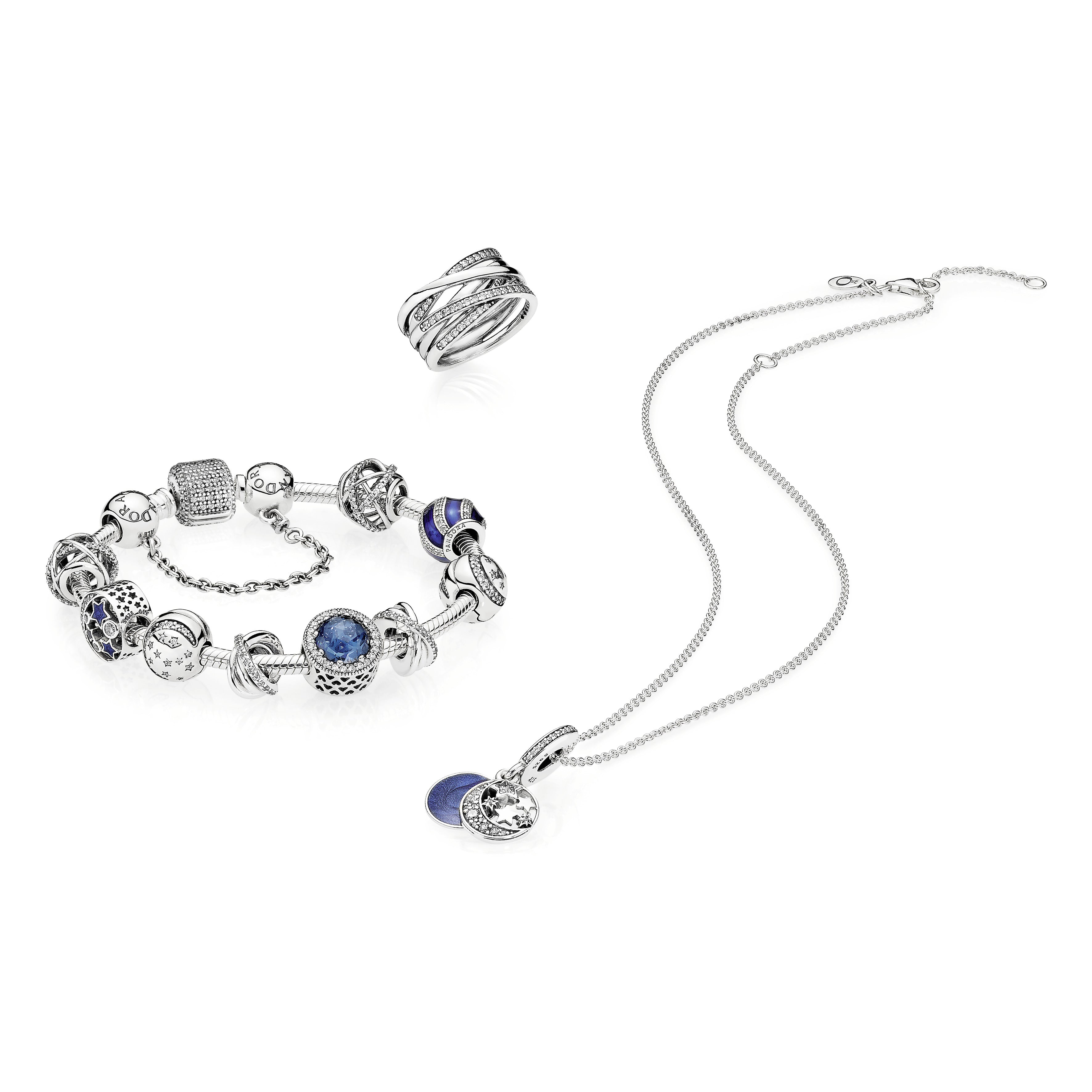 Moon and star silver charm with clear cubic zirconia and blue enamel