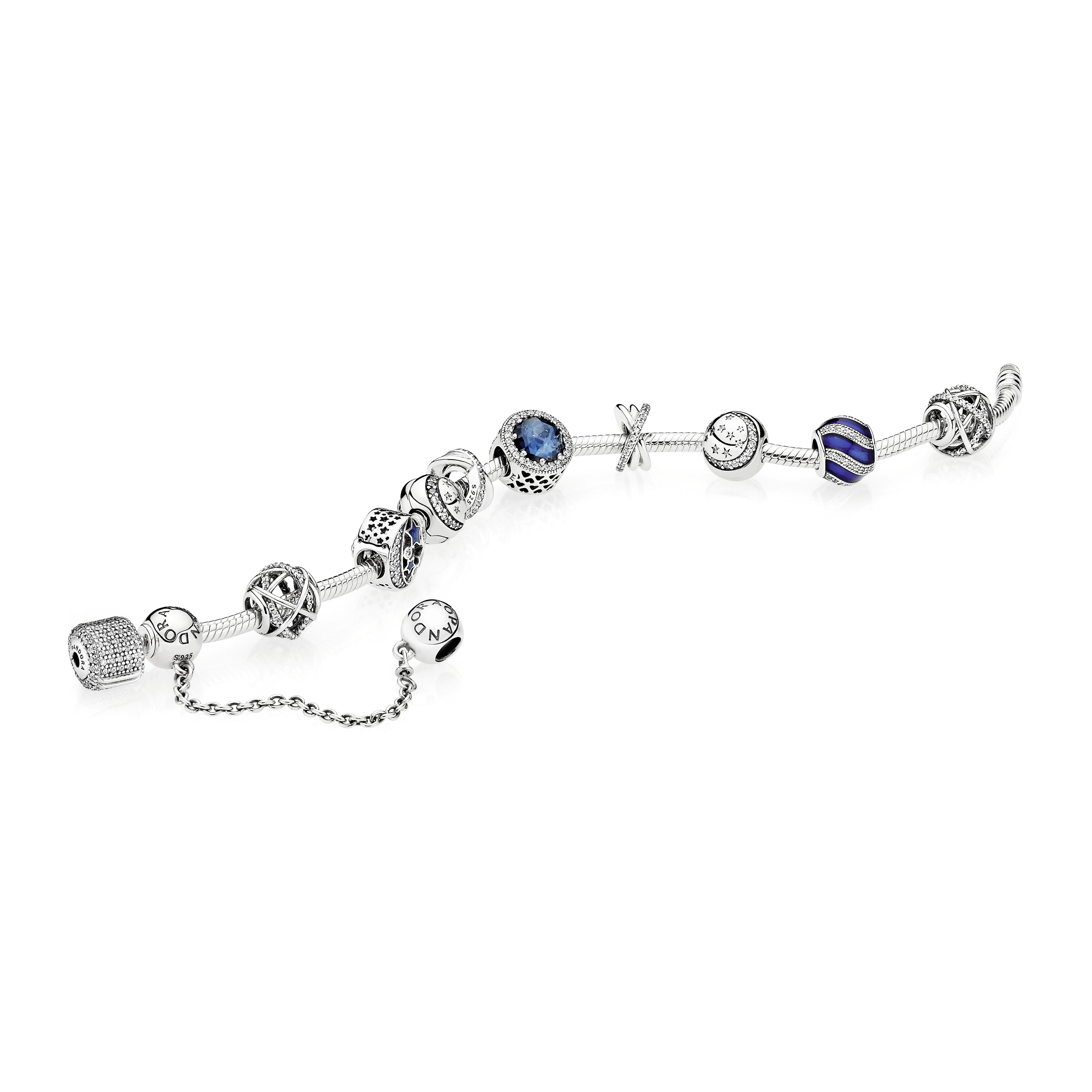 Moon and star silver charm with clear cubic zirconia and blue enamel